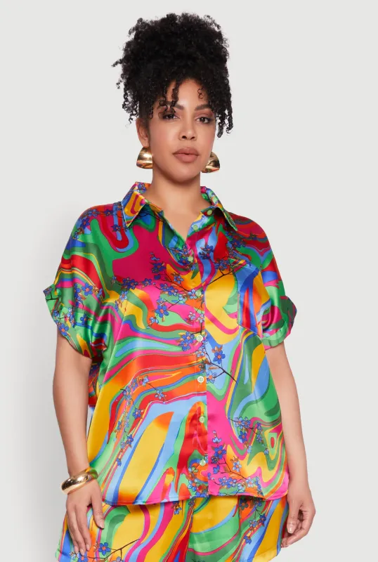 Plus Size Satin Psychedelic Floral Print Shirt sold by Rainbow
