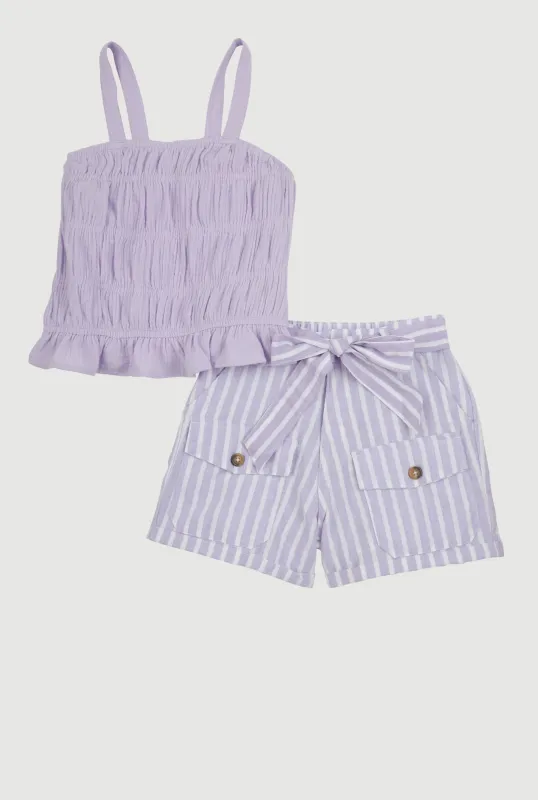 Girls Smocked Cami and Tie Waist Belted Striped Shorts sold by Rainbow