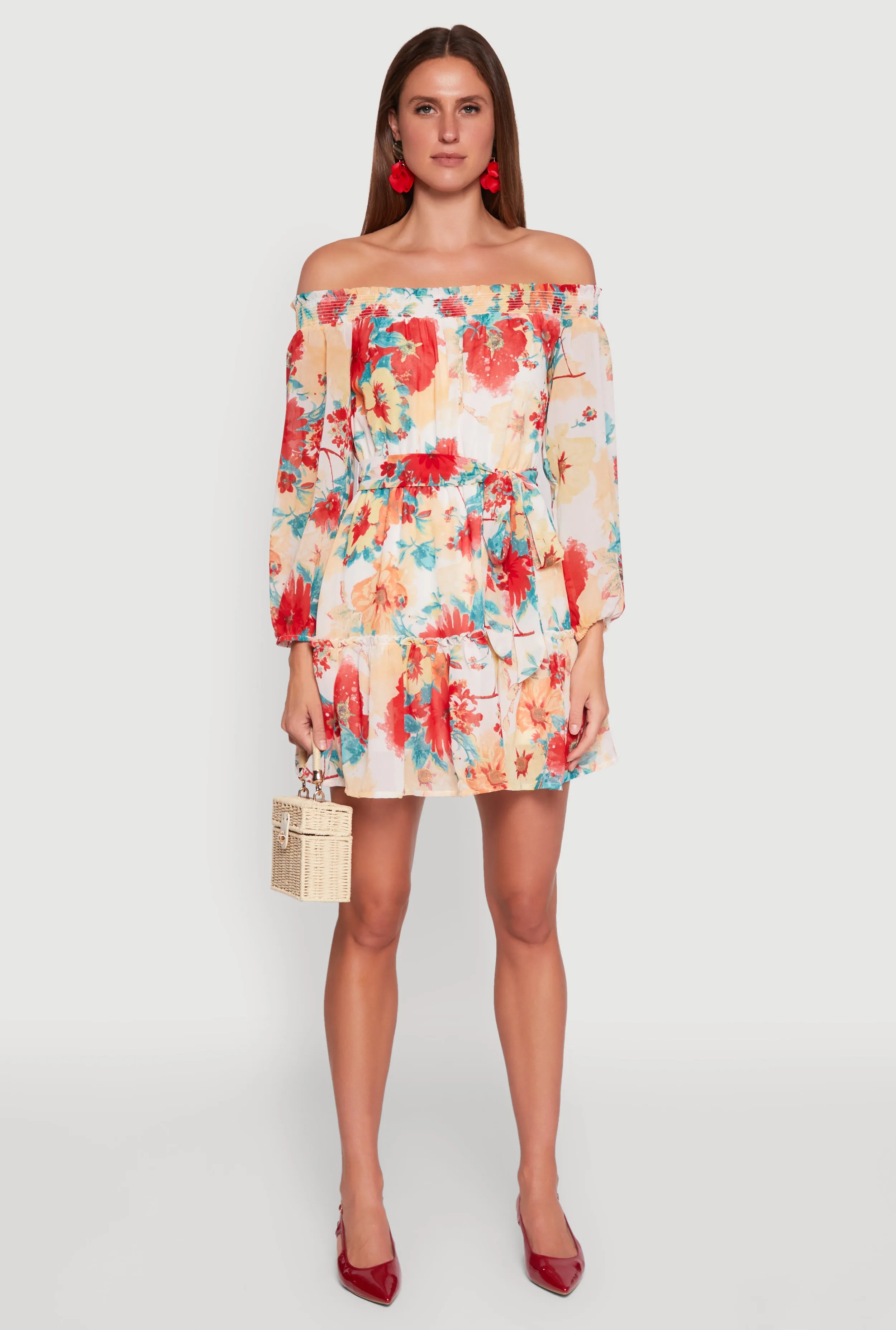 Floral Off the Shoulder Tie Waist Tiered Mini Dress sold by Rainbow product image thumbnail 2