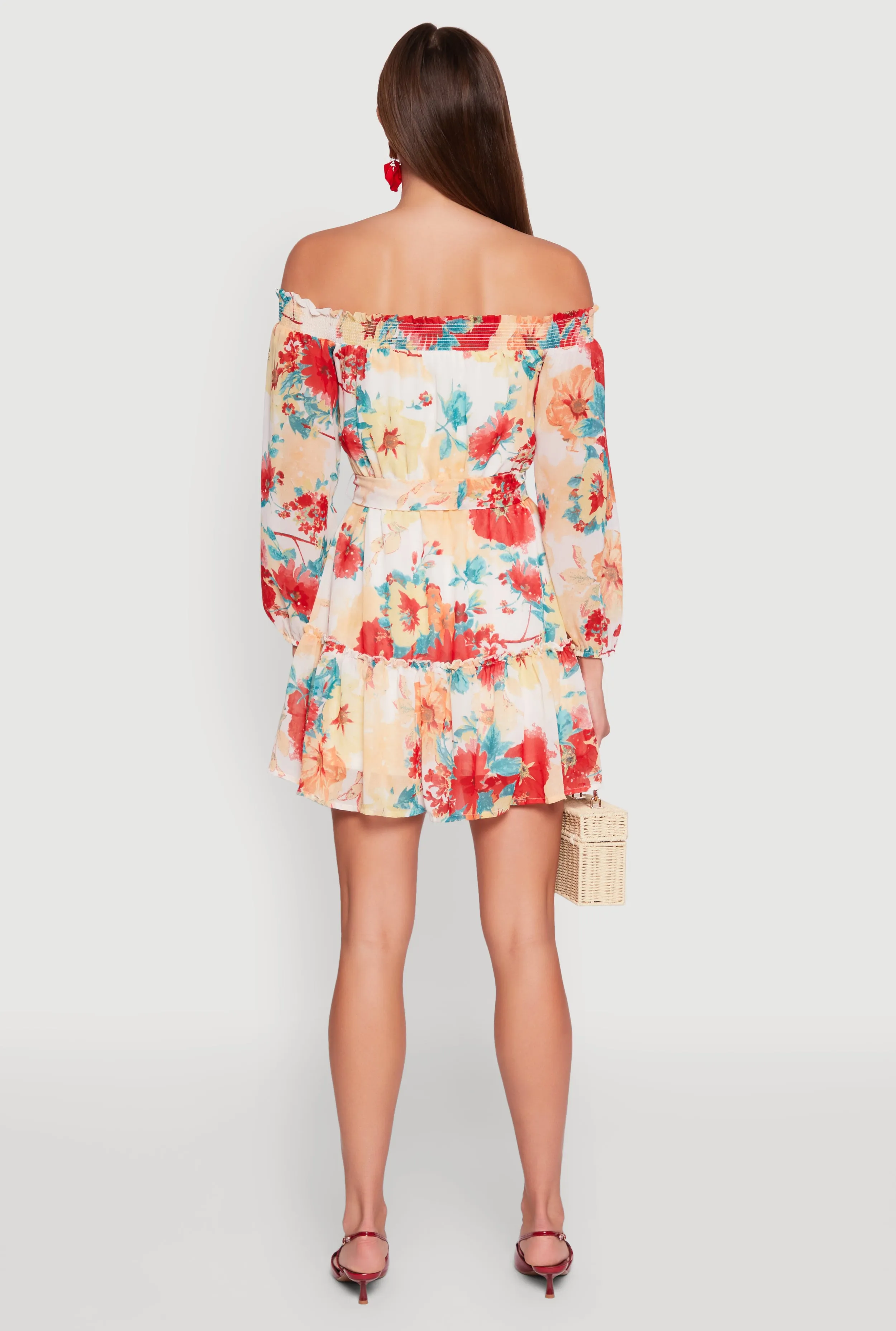 Floral Off the Shoulder Tie Waist Tiered Mini Dress sold by Rainbow product image thumbnail 5