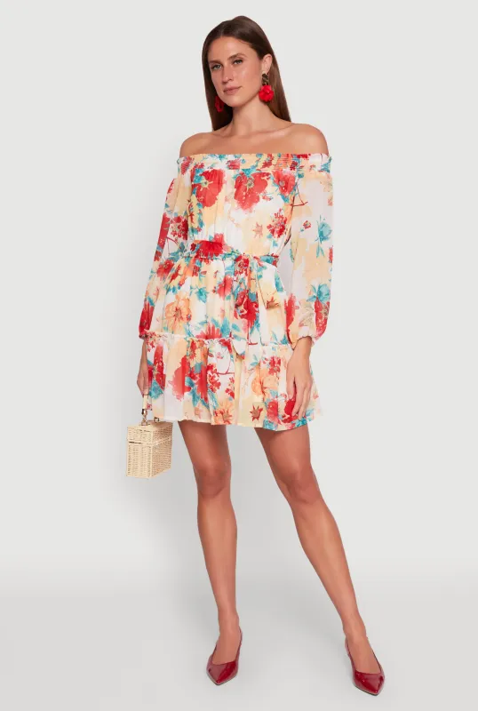 Floral Off the Shoulder Tie Waist Tiered Mini Dress sold by Rainbow