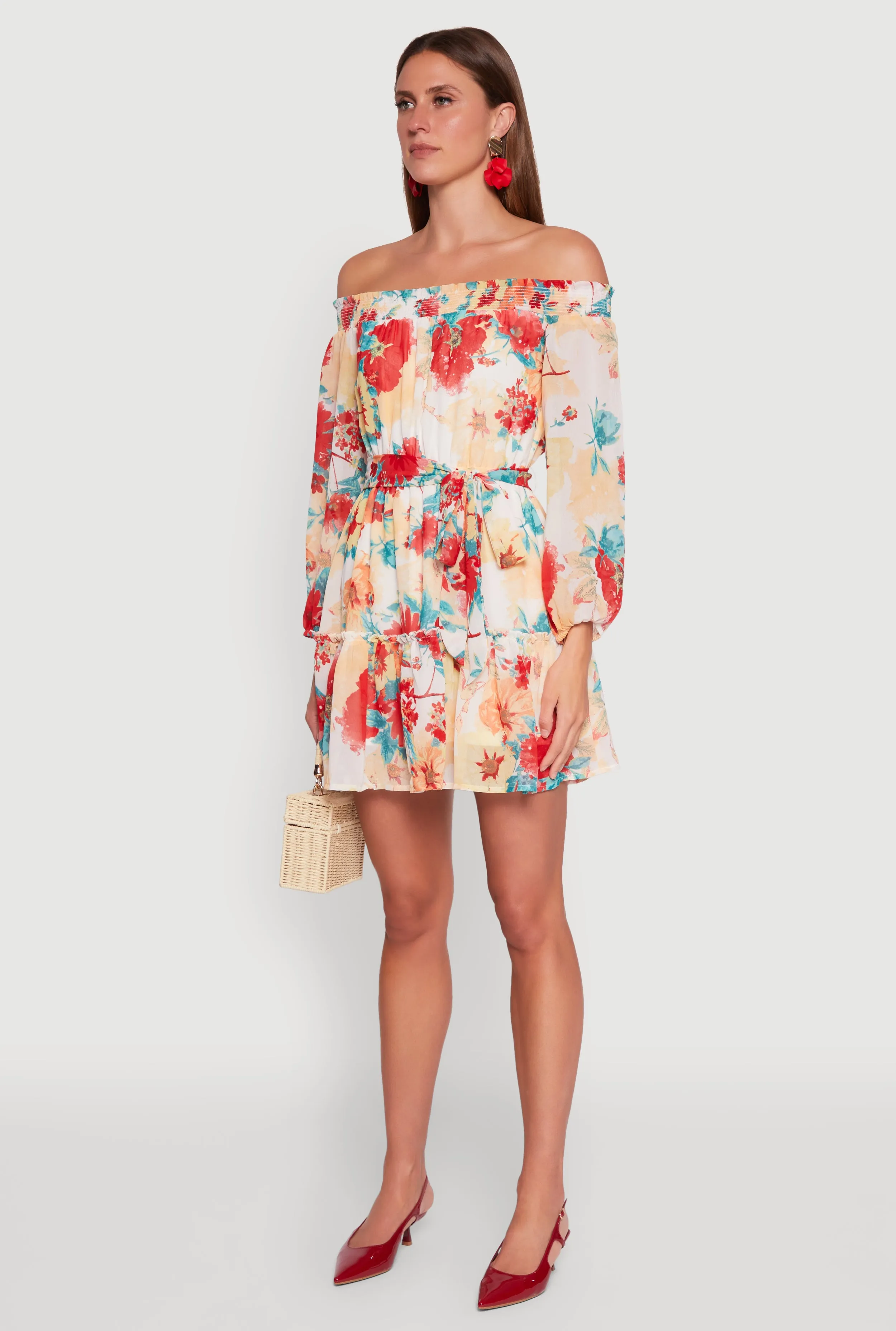 Floral Off the Shoulder Tie Waist Tiered Mini Dress sold by Rainbow product image thumbnail 3