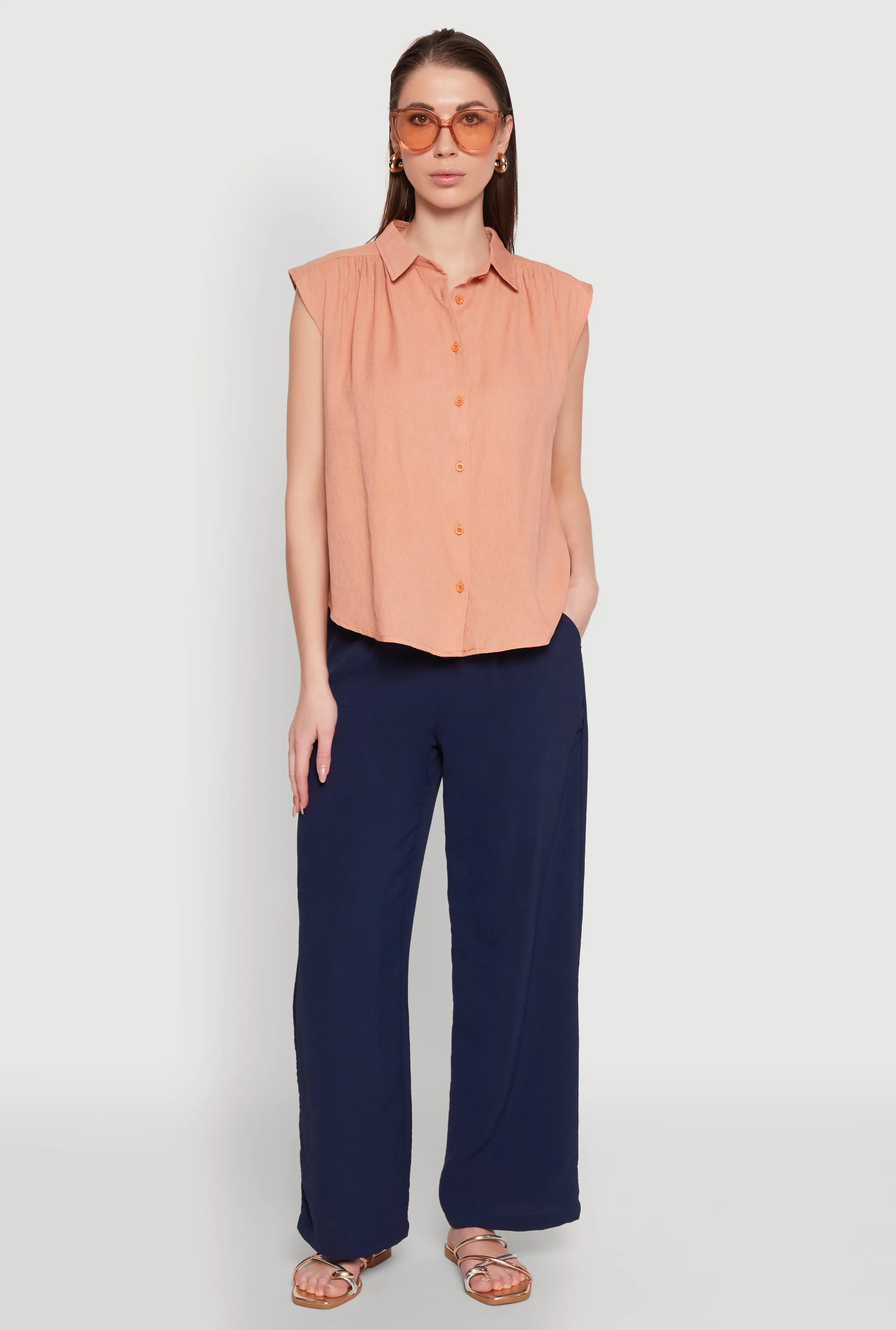 Ruched Sleeve Button Front Shirt sold by Rainbow