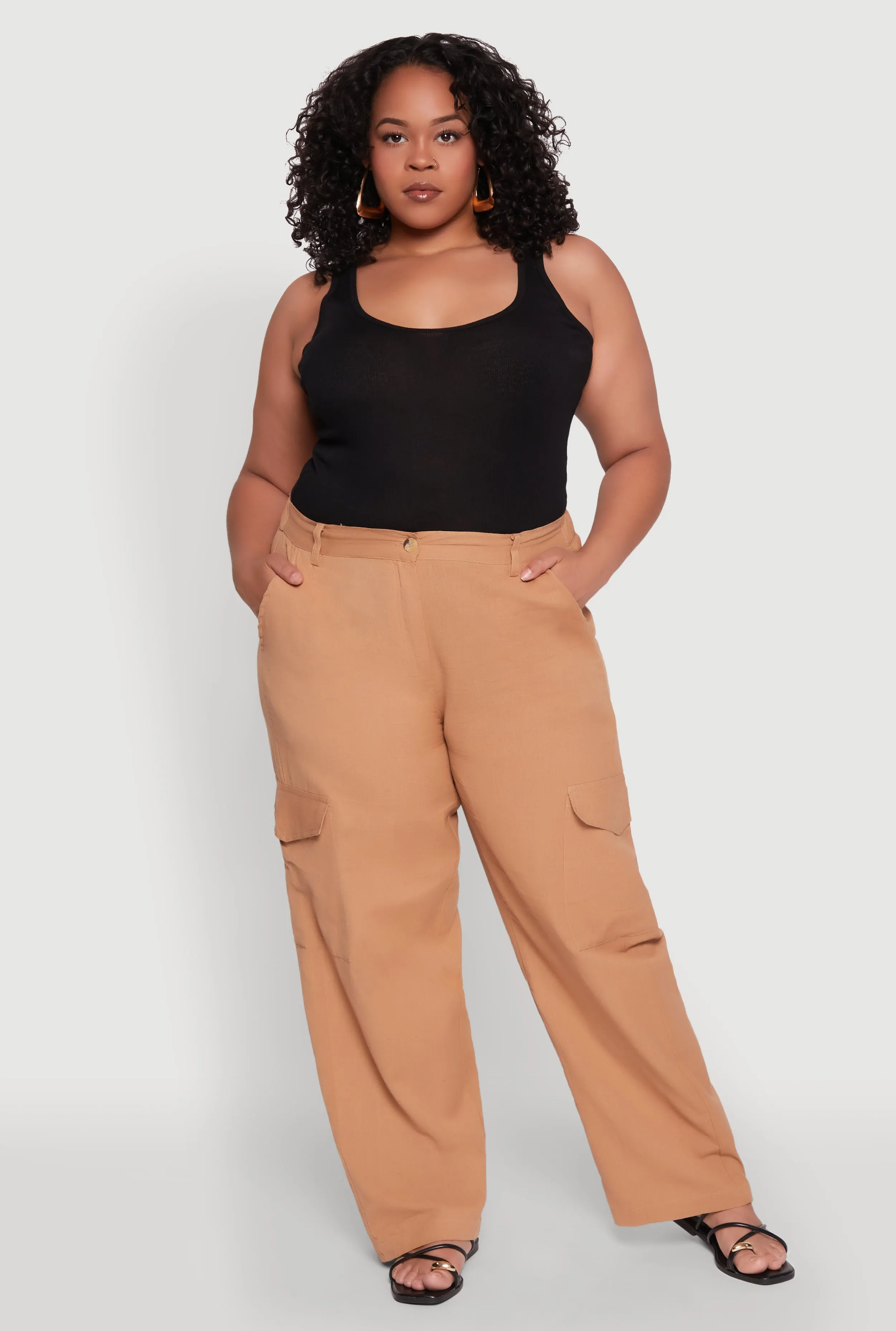 Plus Size Linen Tie Waist Belted Cargo Pants sold by Rainbow