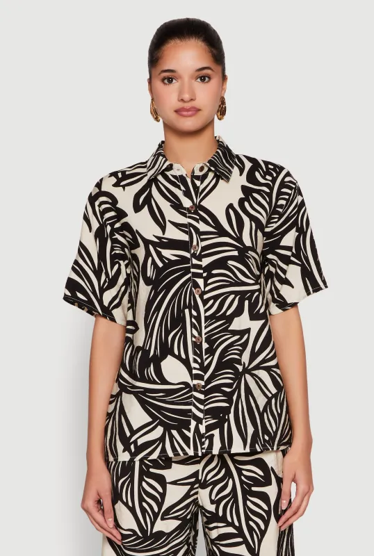 Palm Leaf Print Button Front Shirt sold by Rainbow