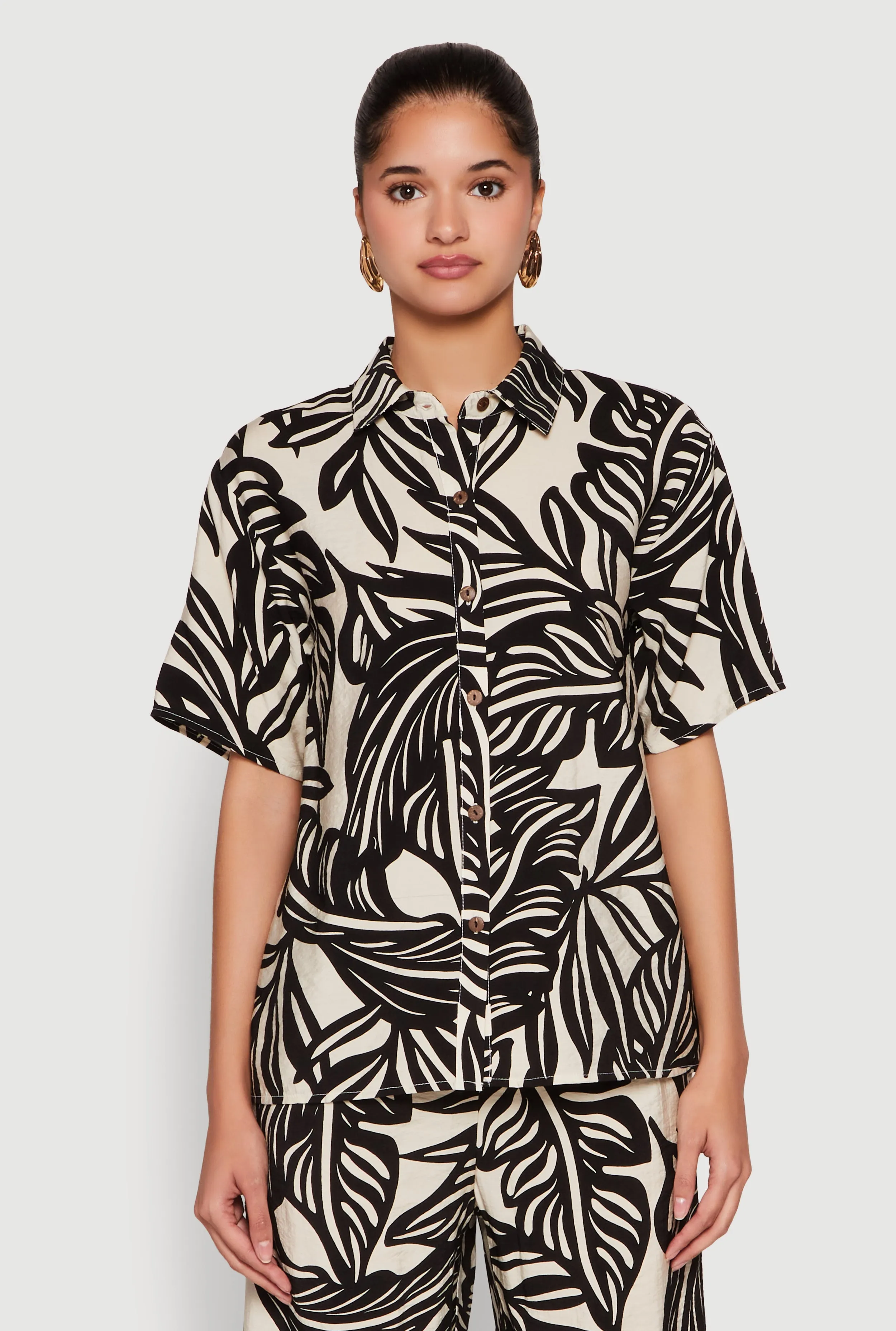 Palm Leaf Print Button Front Shirt sold by Rainbow