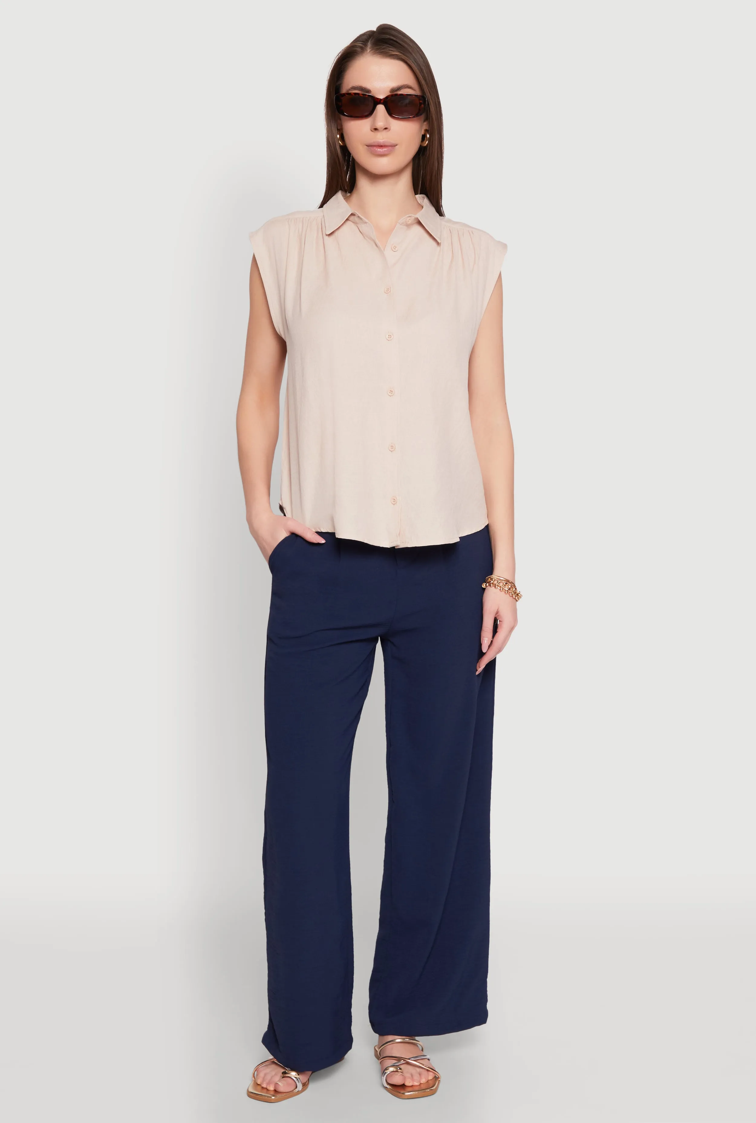 Ruched Sleeve Button Front Shirt sold by Rainbow