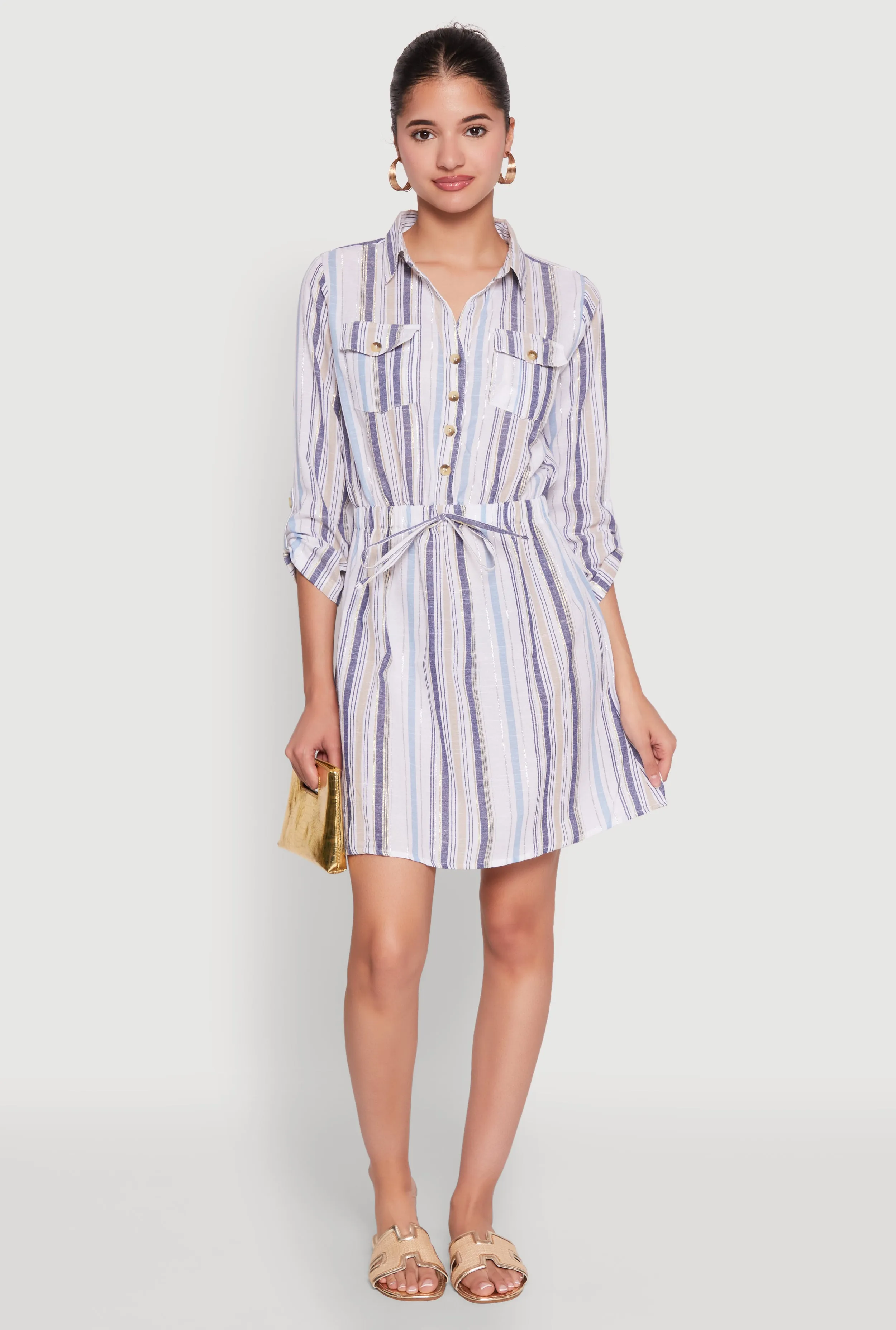 Pinstripe Tabbed Sleeve Shirt Dress sold by Rainbow