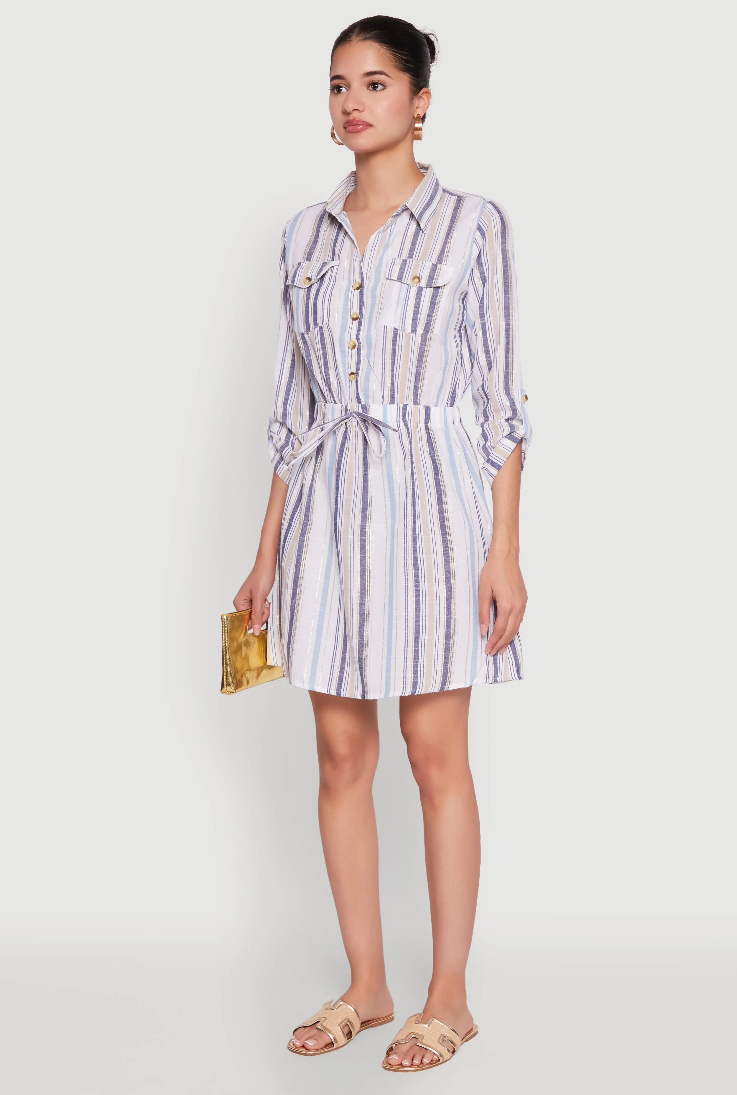 Pinstripe Tabbed Sleeve Shirt Dress sold by Rainbow product image thumbnail 3