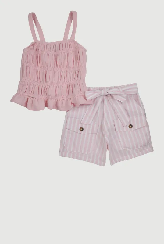 Girls Smocked Cami and Tie Waist Belted Striped Shorts sold by Rainbow