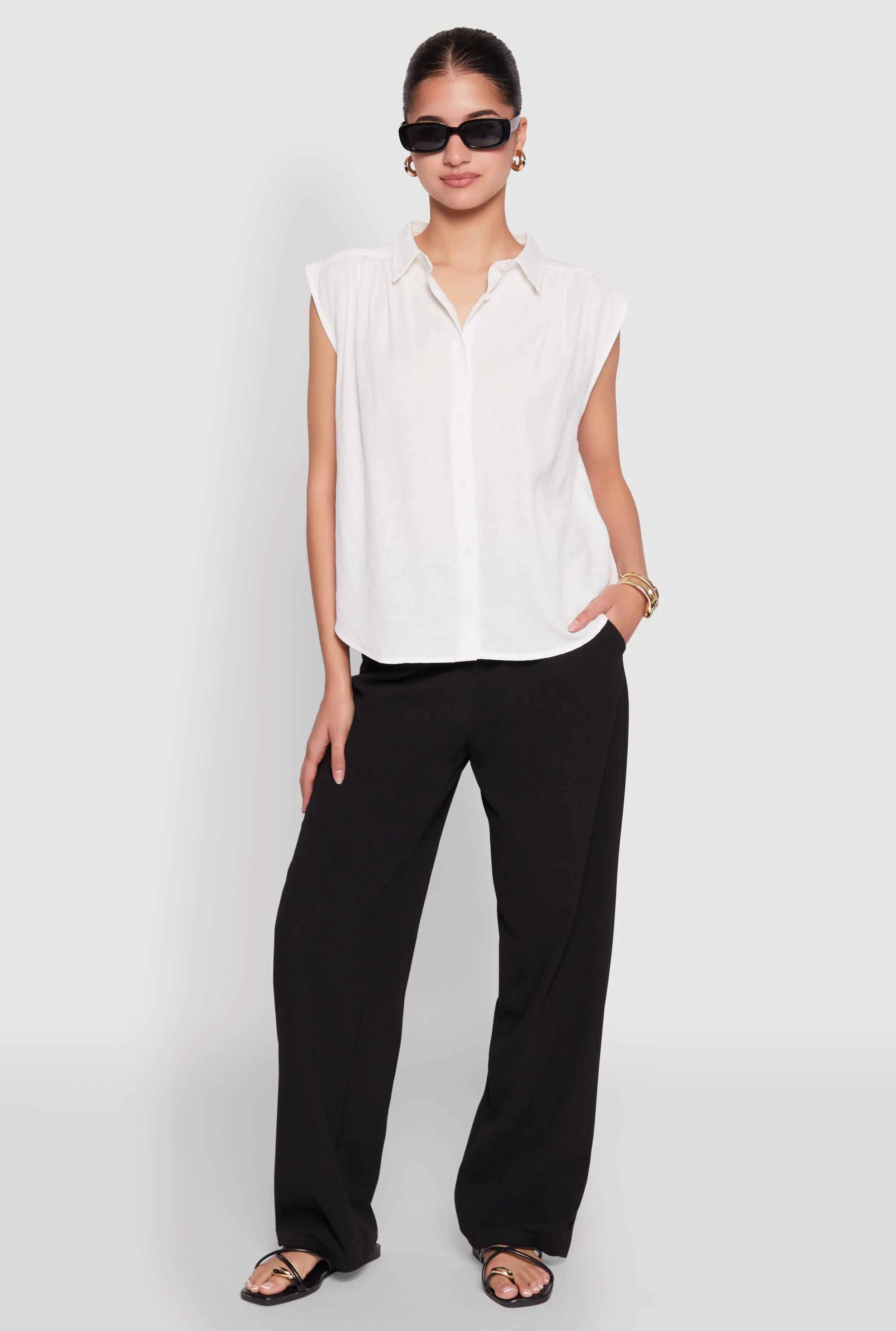 Ruched Sleeve Button Front Shirt sold by Rainbow