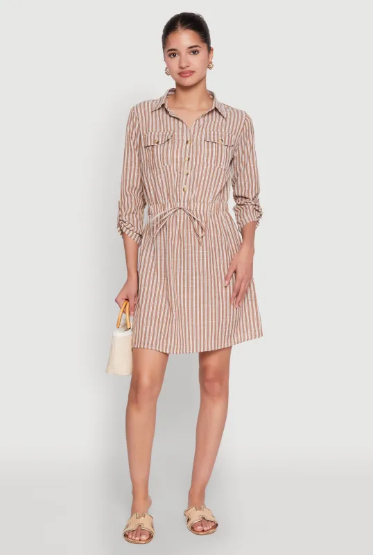 Pinstripe Tabbed Sleeve Shirt Dress sold by Rainbow