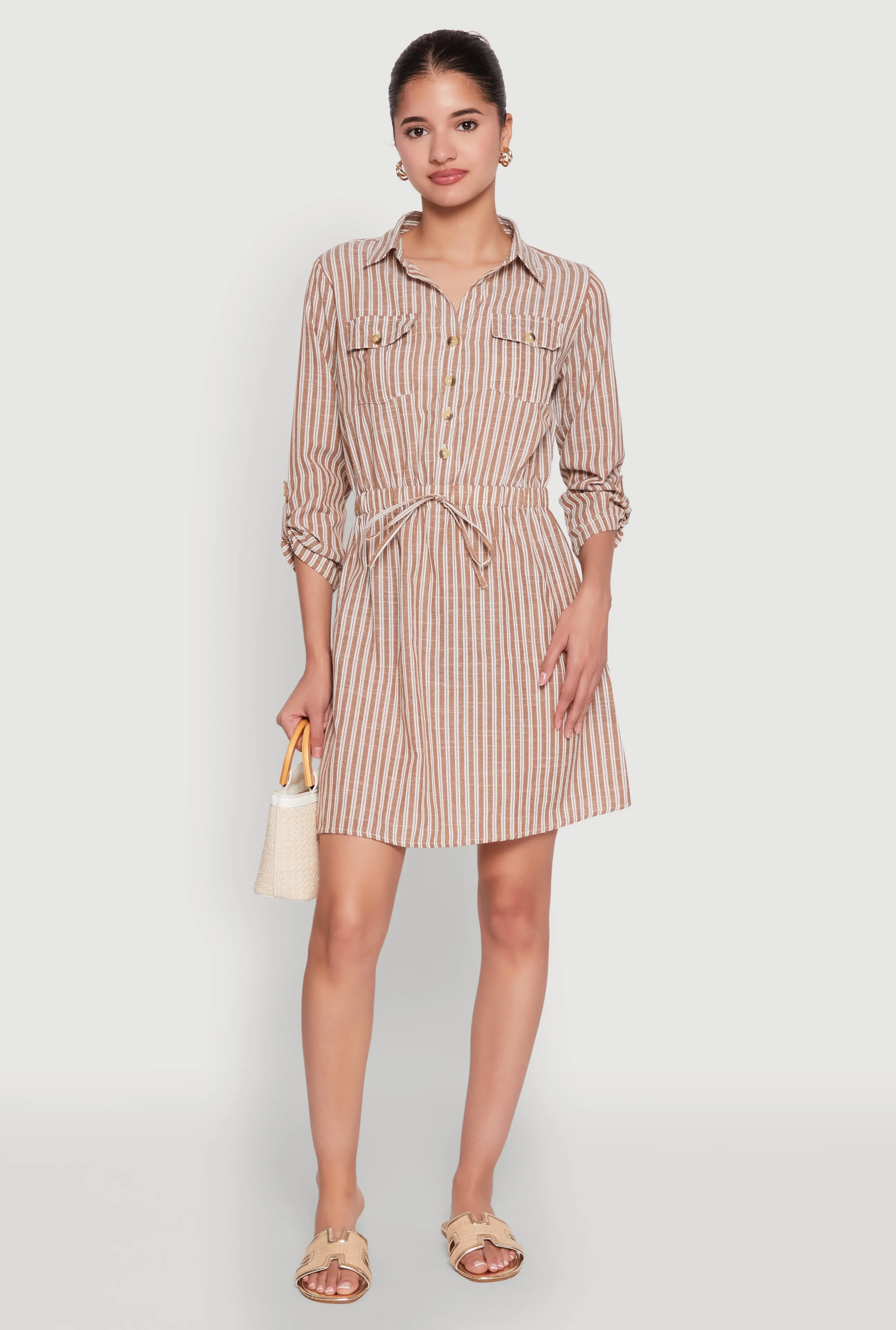 Pinstripe Tabbed Sleeve Shirt Dress sold by Rainbow
