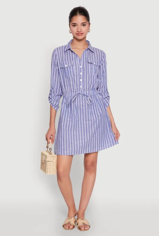 Pinstripe Tabbed Sleeve Shirt Dress sold by Rainbow