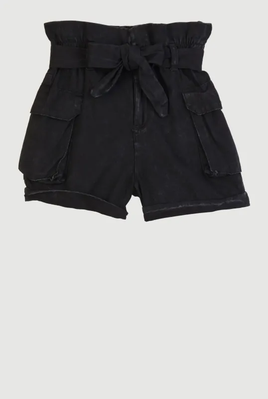 Girls Mineral Wash Paper Bag Waist Cargo Shorts sold by Rainbow