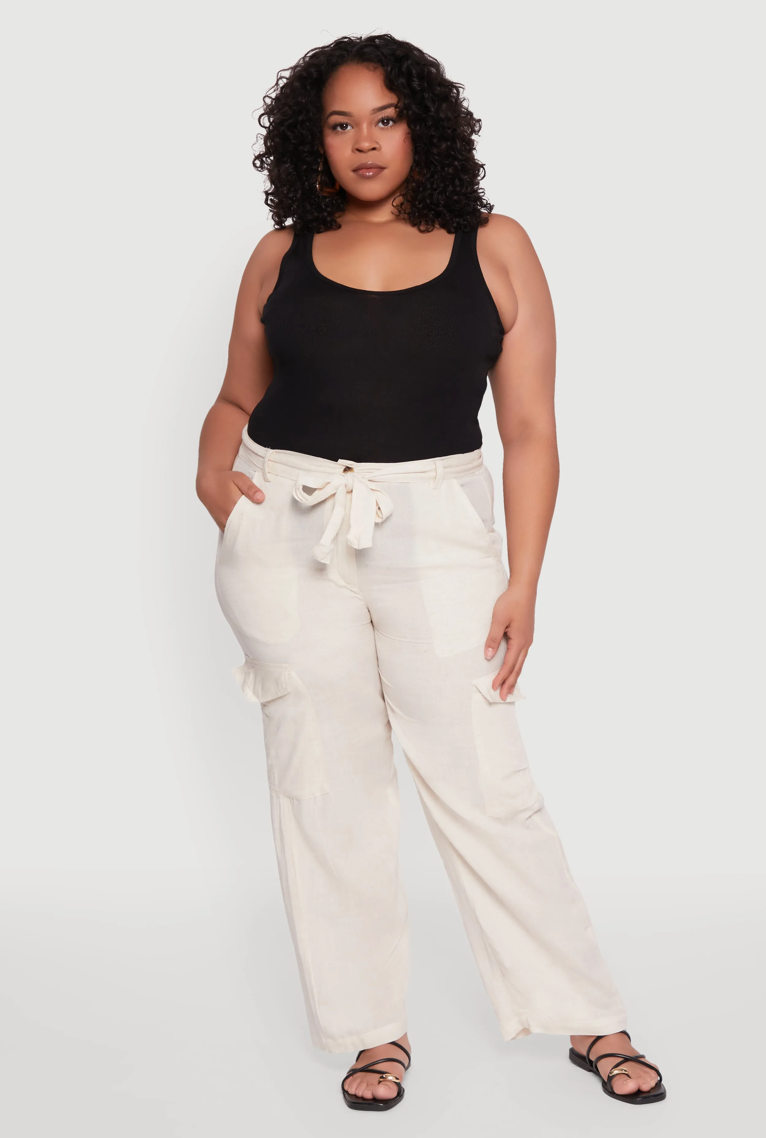 Plus Size Linen Tie Waist Belted Cargo Pants sold by Rainbow