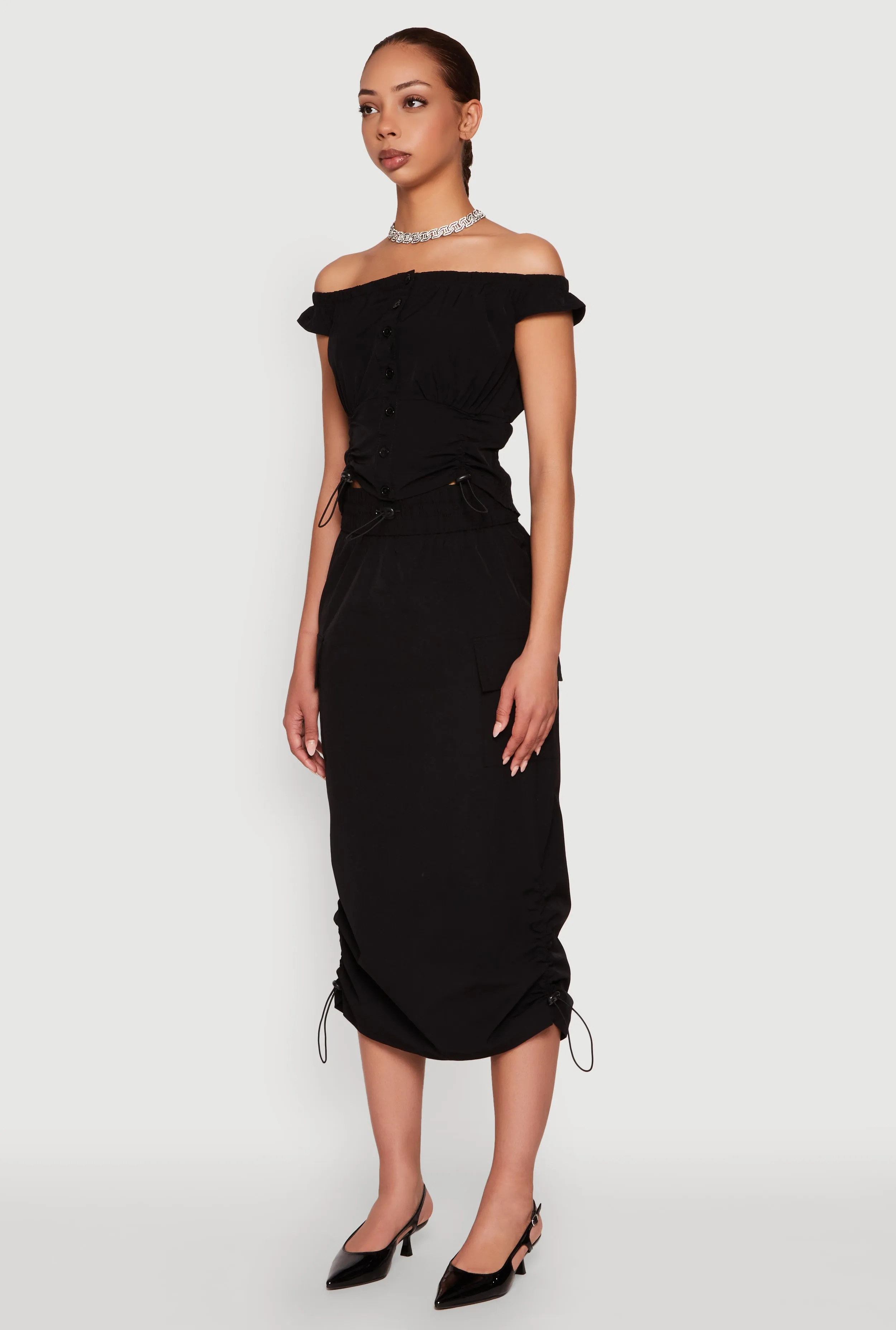 Toggle Drawstring Off The Shoulder Crop Top sold by Rainbow product image thumbnail 5