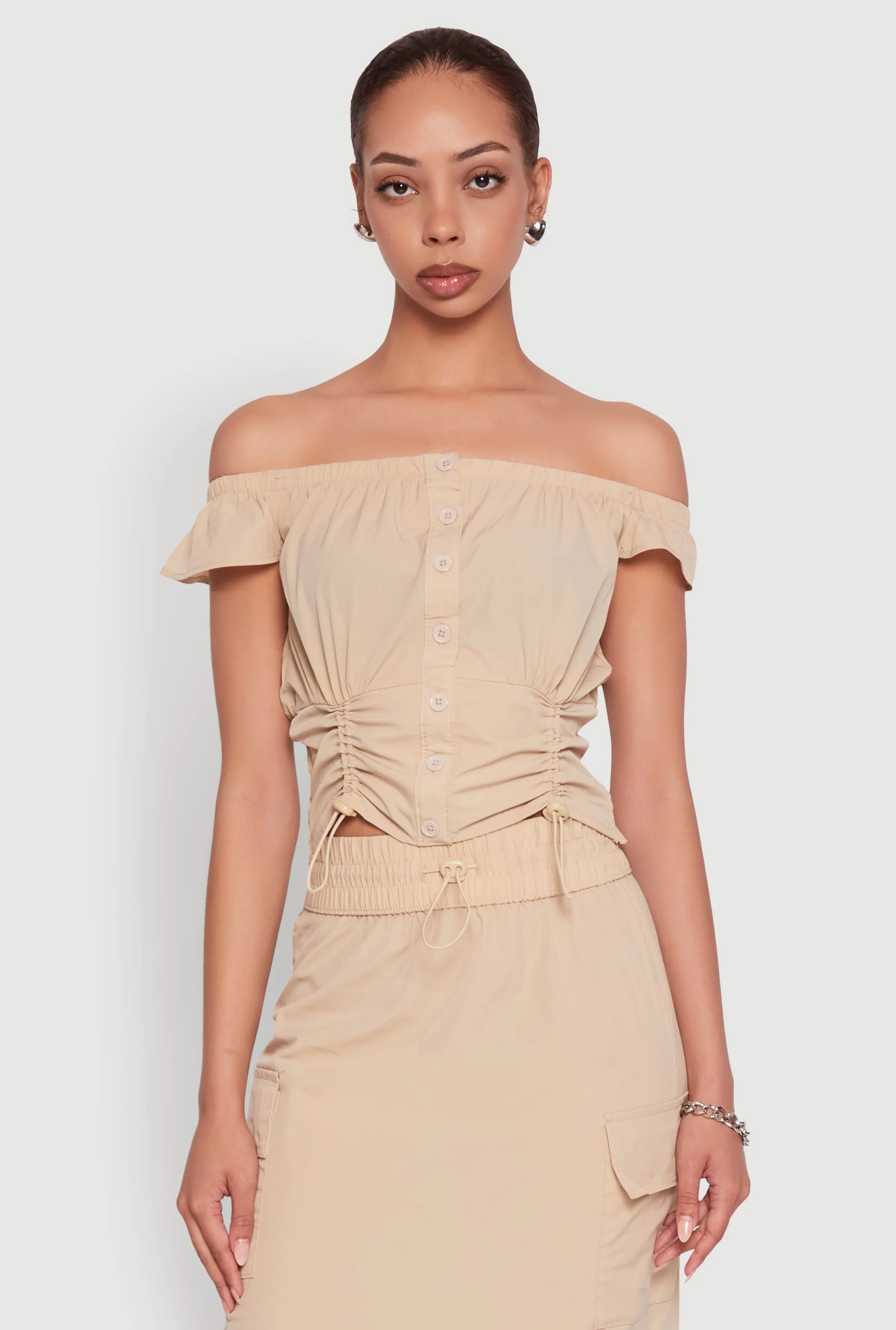 Toggle Drawstring Off The Shoulder Crop Top sold by Rainbow