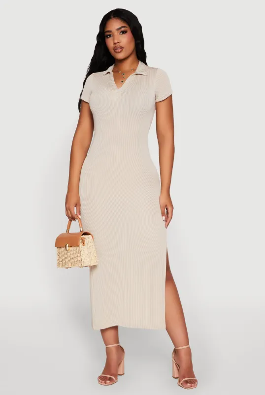 Side Slit Polo Collar Midi Dress sold by Rainbow
