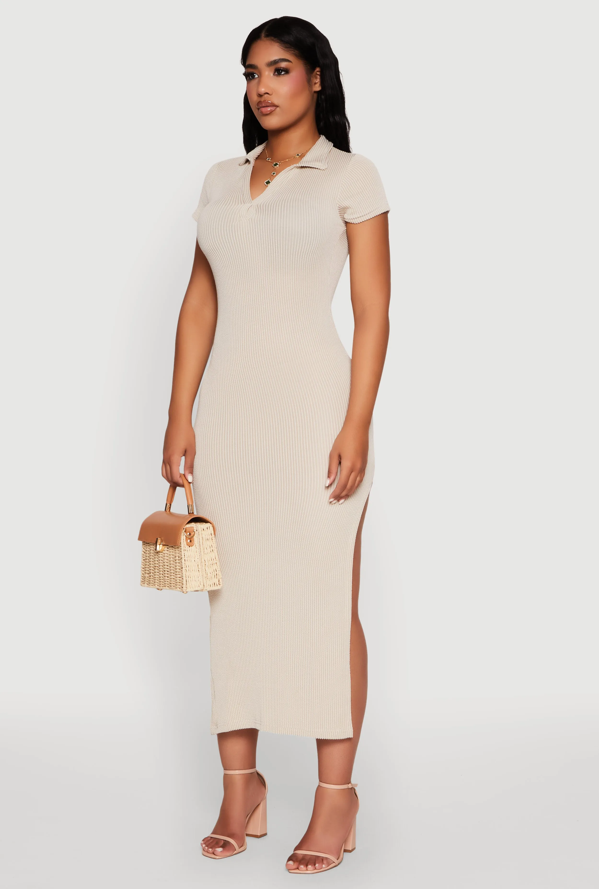 Side Slit Polo Collar Midi Dress sold by Rainbow product image thumbnail 3