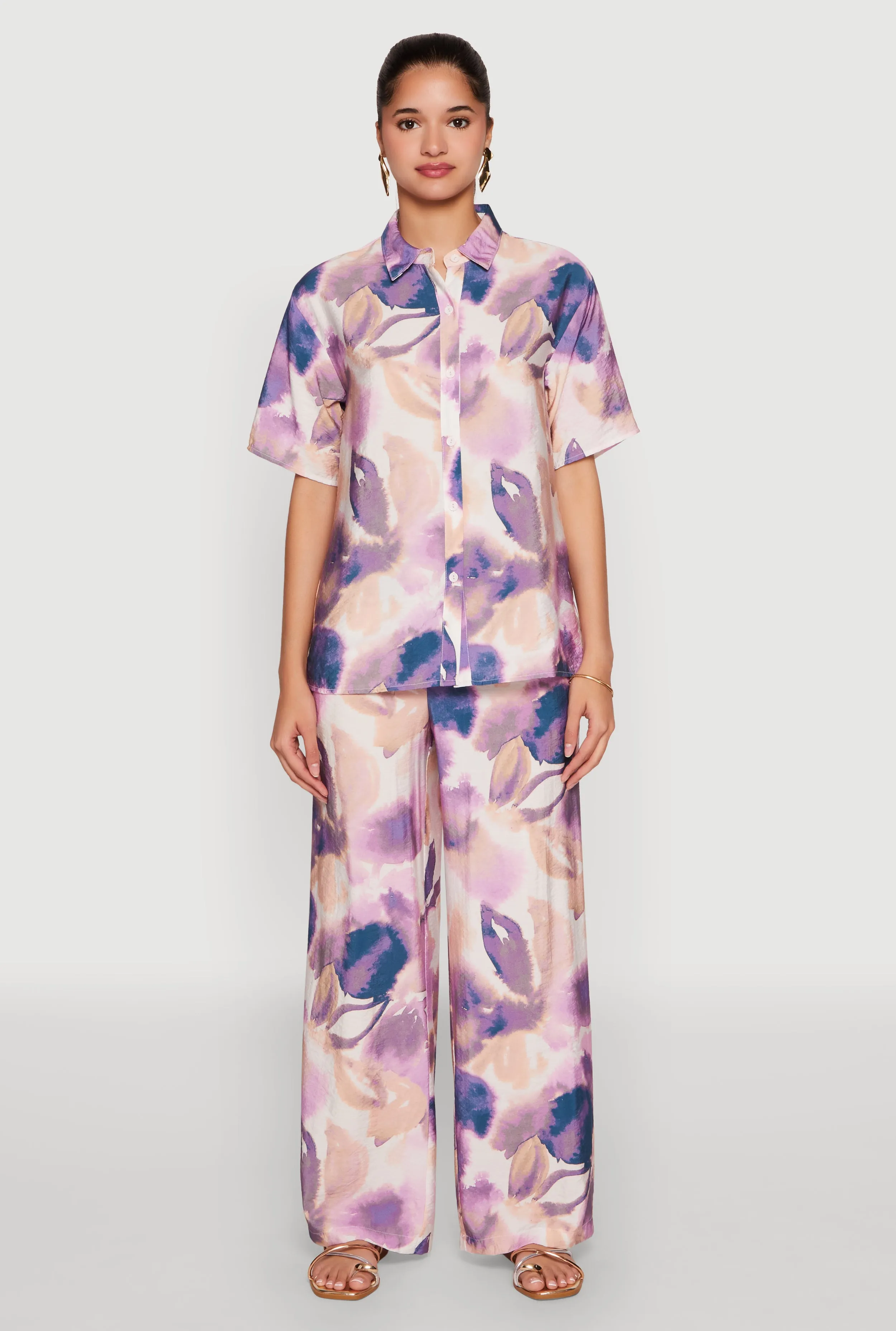 Abstract Leaf Print Wide Leg Pants sold by Rainbow