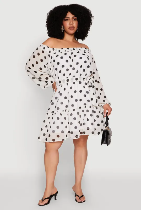 Plus Size Polka Dot Off The Shoulder Tiered Dress sold by Rainbow
