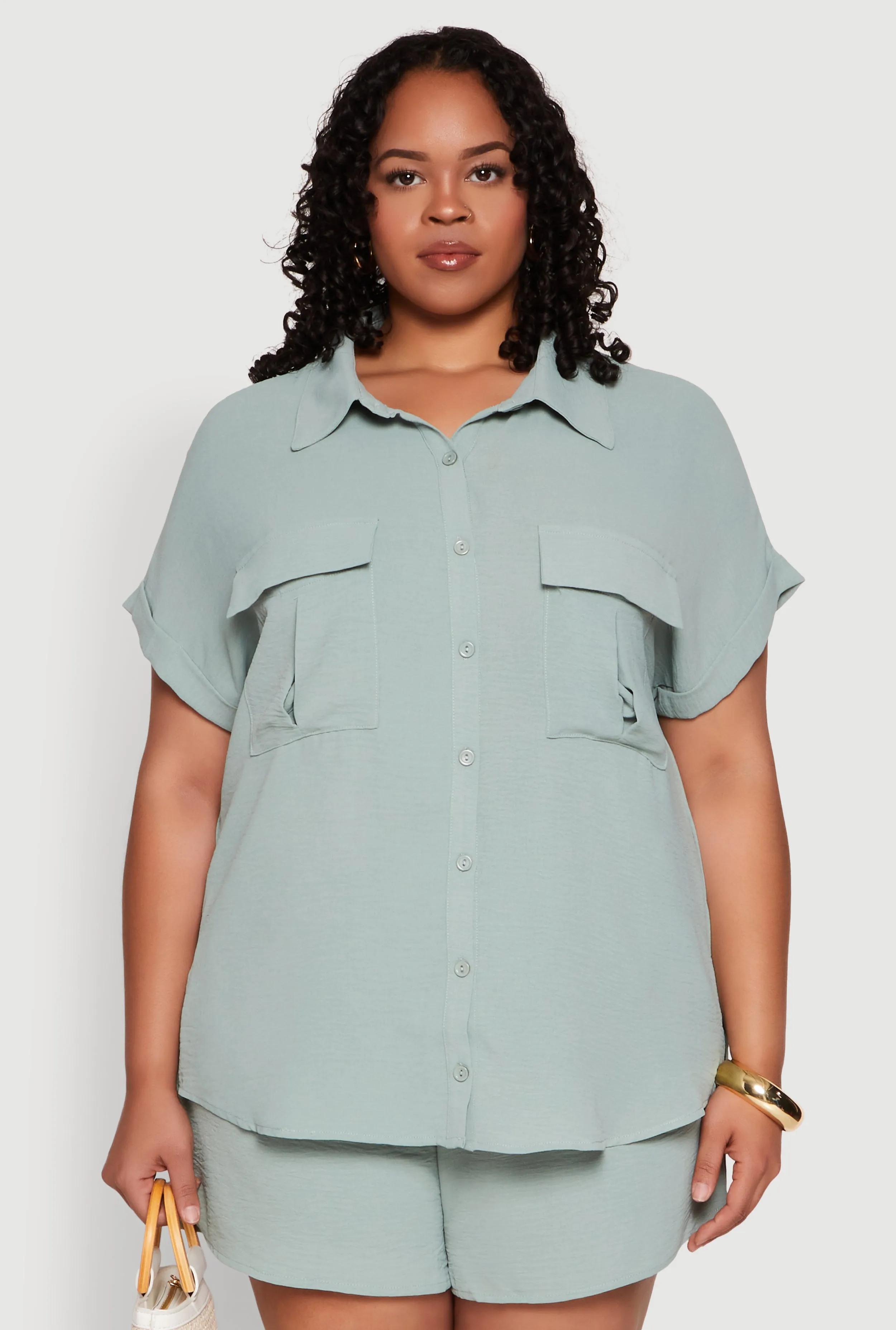 Plus Size Airy Cargo Pocket Shirt sold by Rainbow