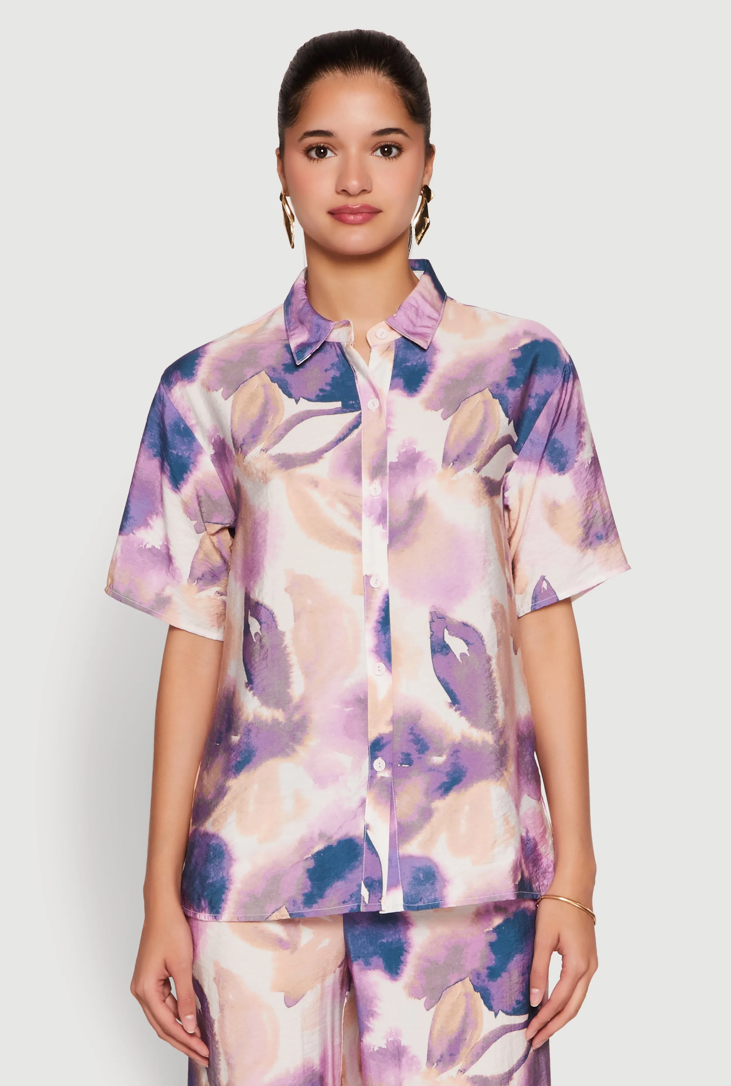 Abstract Leaf Print Button Front Shirt sold by Rainbow