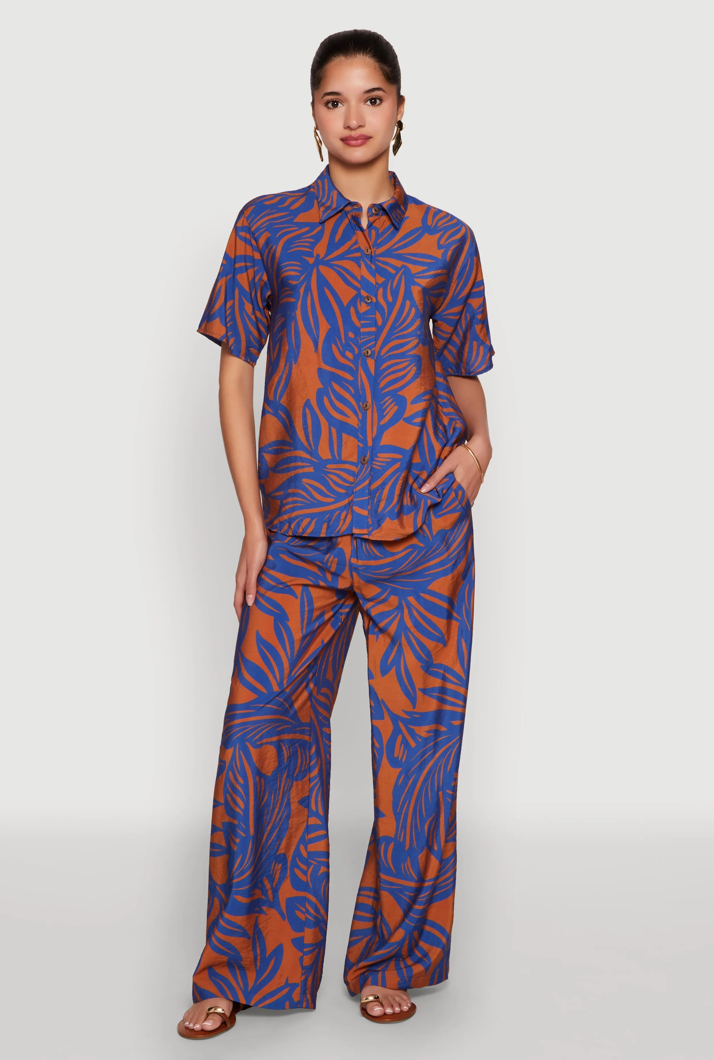 Palm Leaf Print Wide Leg Pants sold by Rainbow