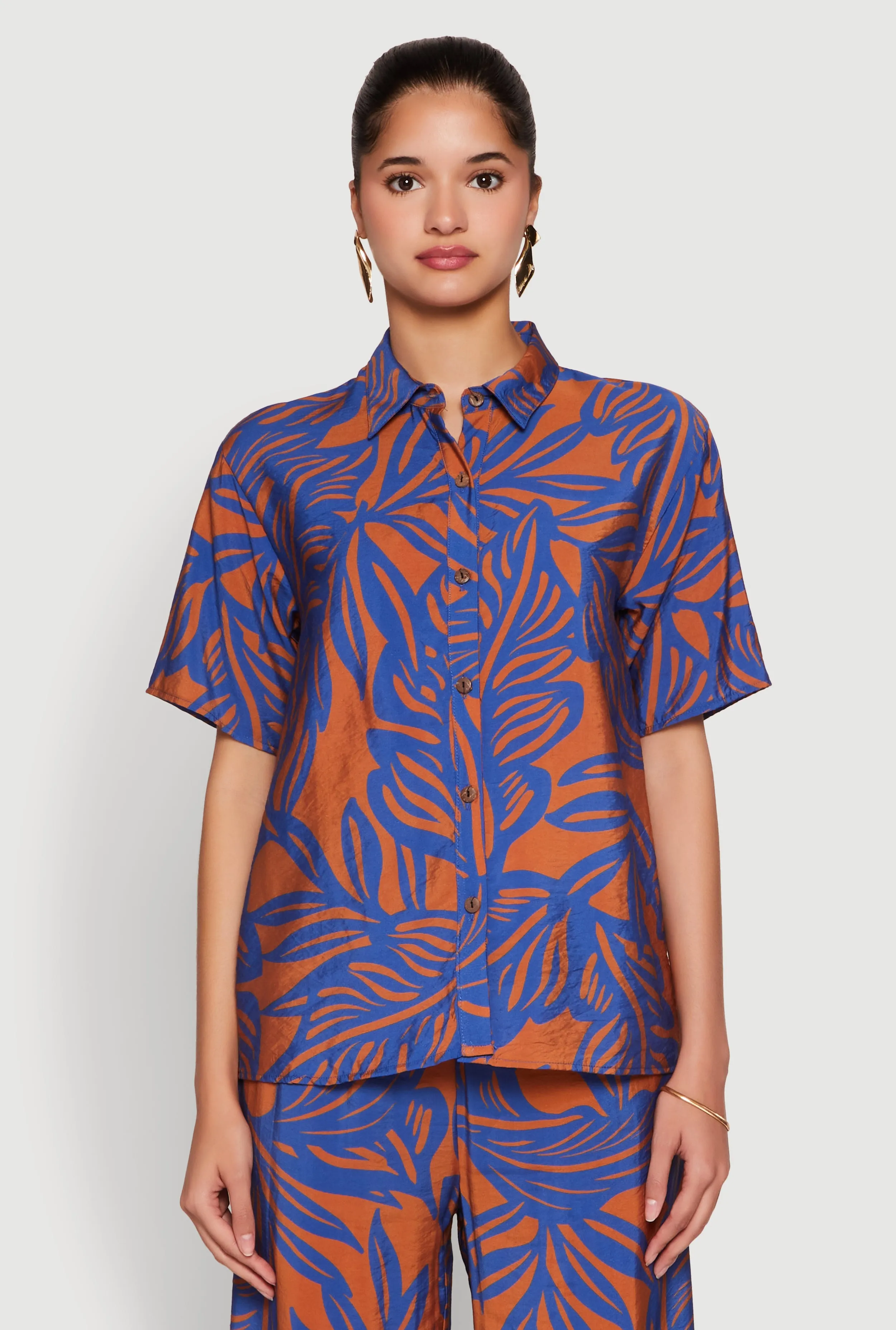Palm Leaf Print Button Front Shirt sold by Rainbow