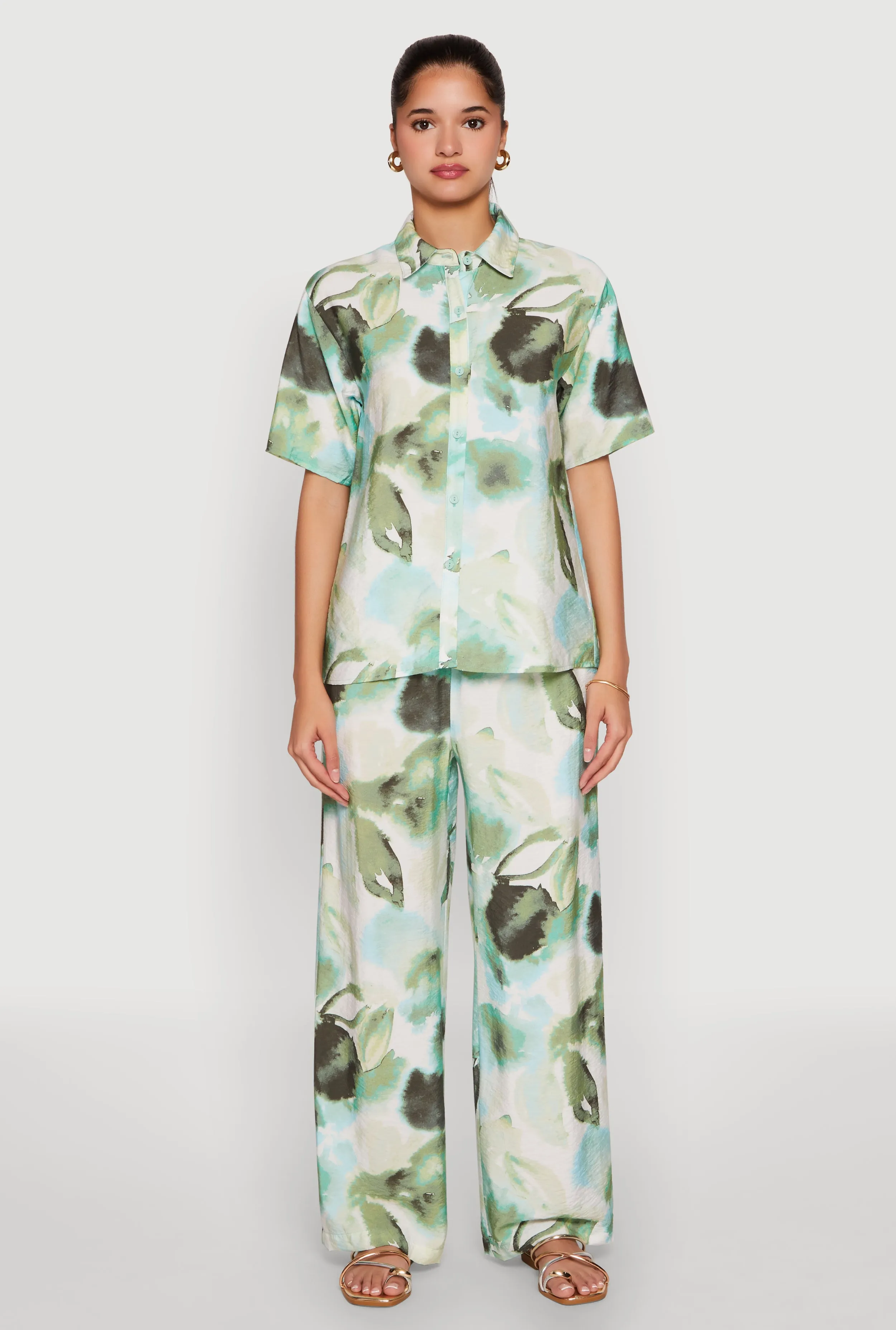 Abstract Leaf Print Wide Leg Pants sold by Rainbow