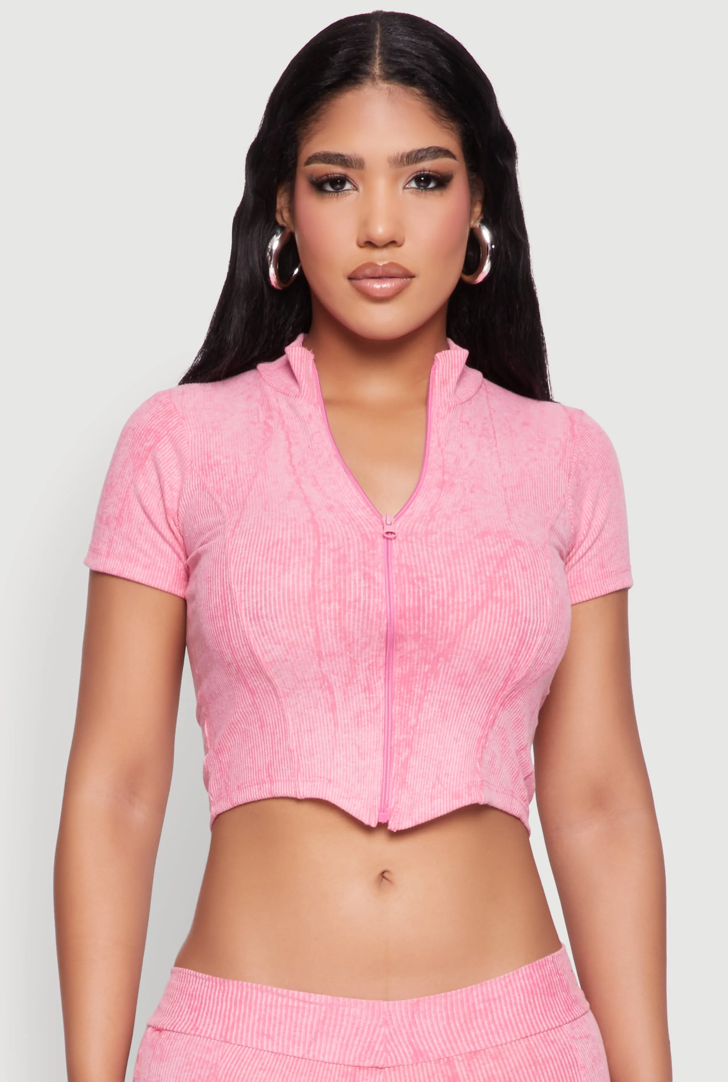 Ribbed Knit Mineral Wash Zip Front Top sold by Rainbow