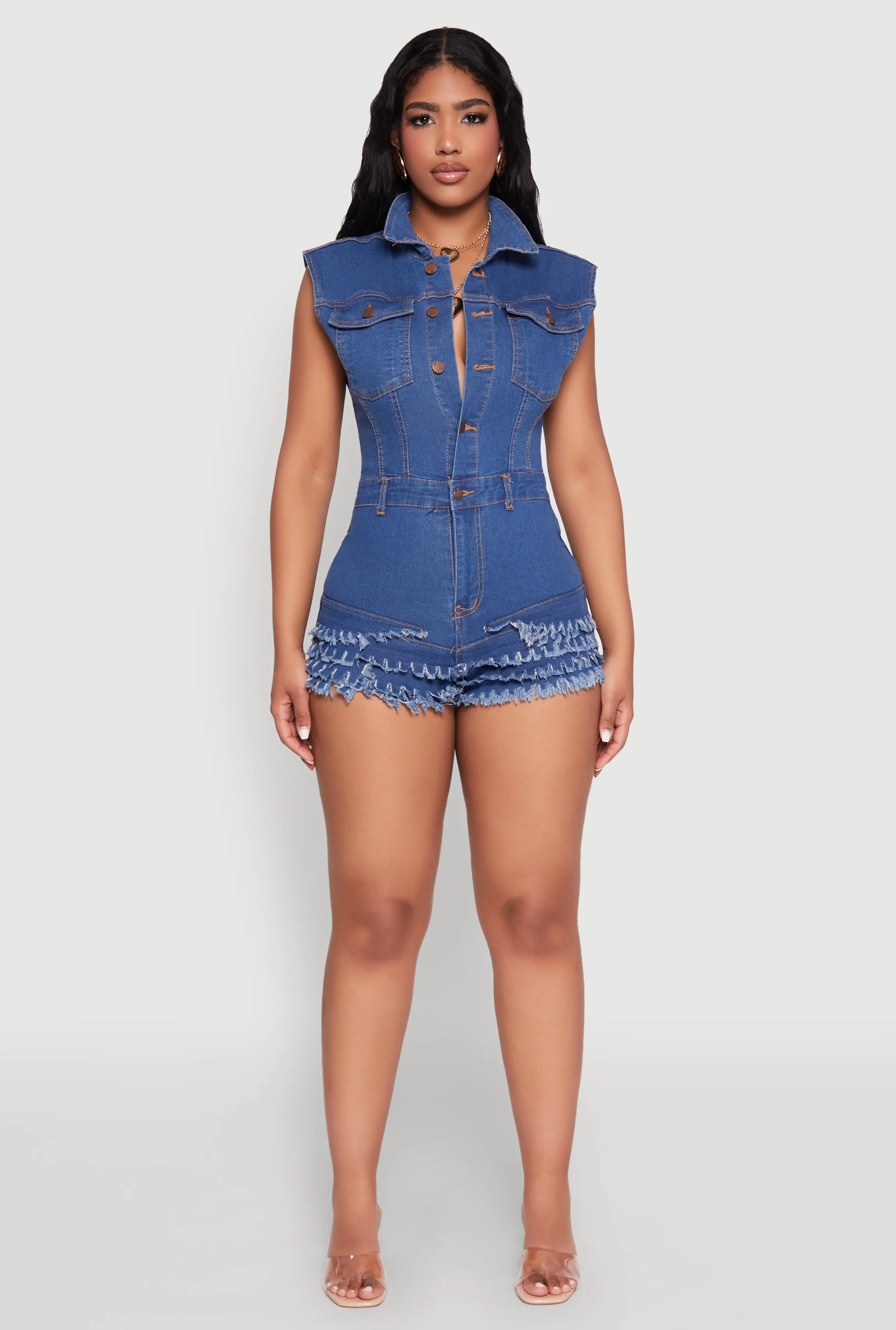 Daisy Tiered Frayed Denim Romper sold by Rainbow