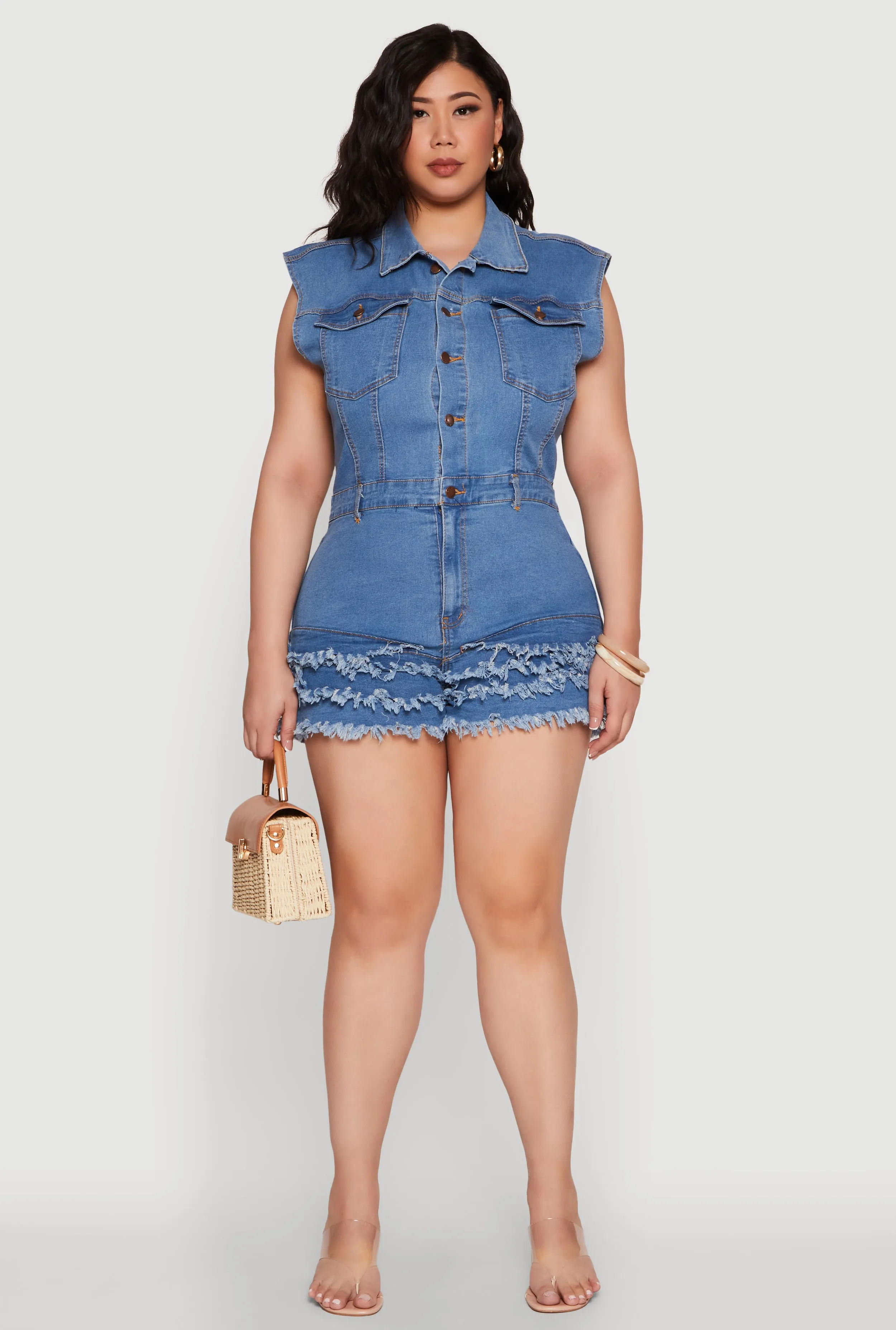 Plus Size Daisy Frayed Tiered Hem Denim Romper sold by Rainbow