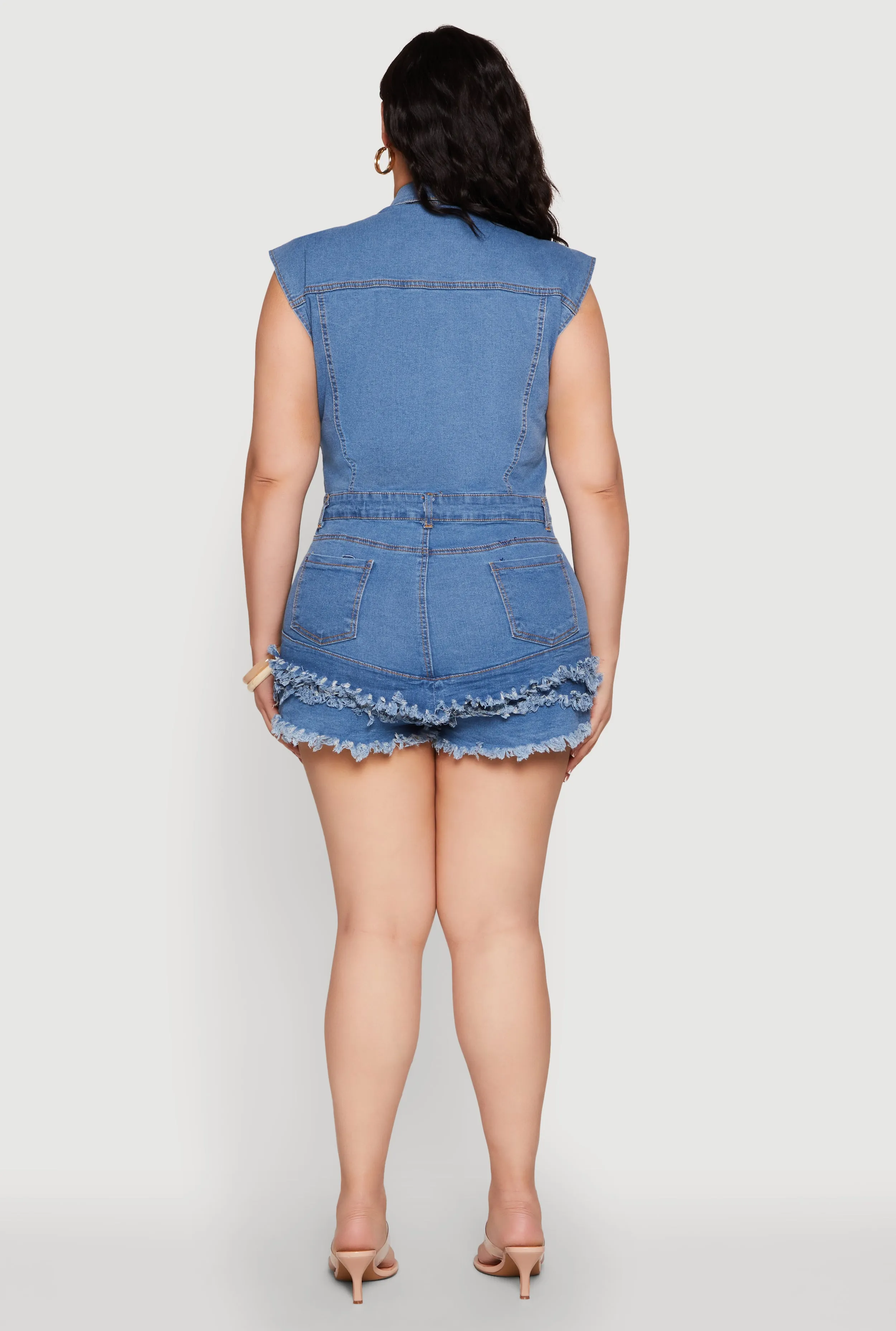 Plus Size Daisy Frayed Tiered Hem Denim Romper sold by Rainbow product image thumbnail 5
