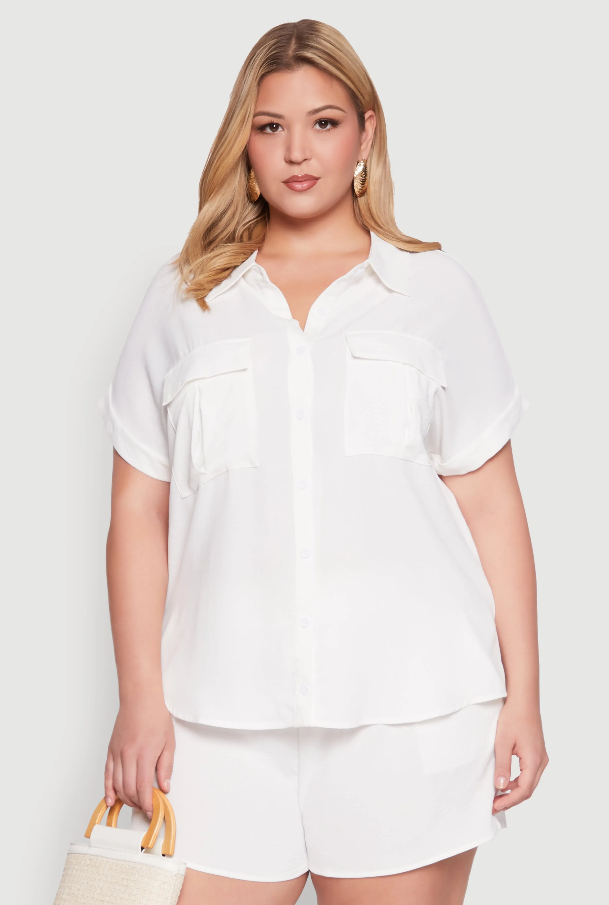 Plus Size Airy Cargo Pocket Shirt sold by Rainbow