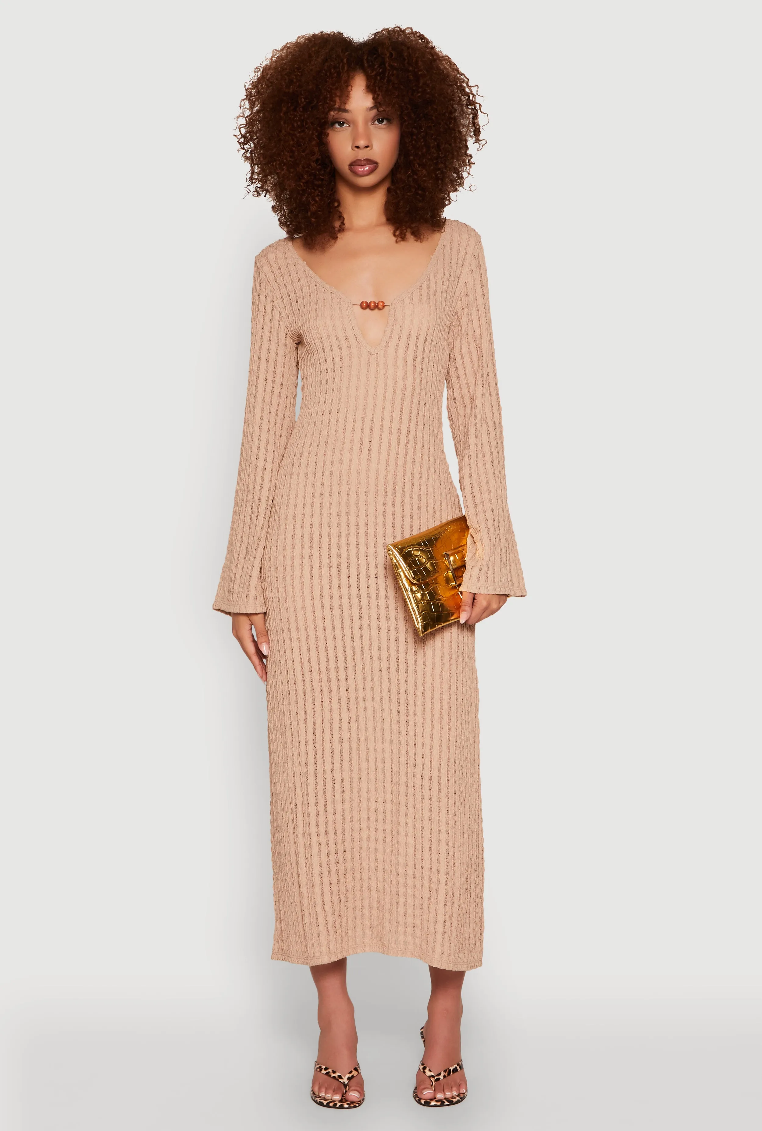 Beaded Notch Neck Textured Knit Maxi Dress sold by Rainbow product image thumbnail 2