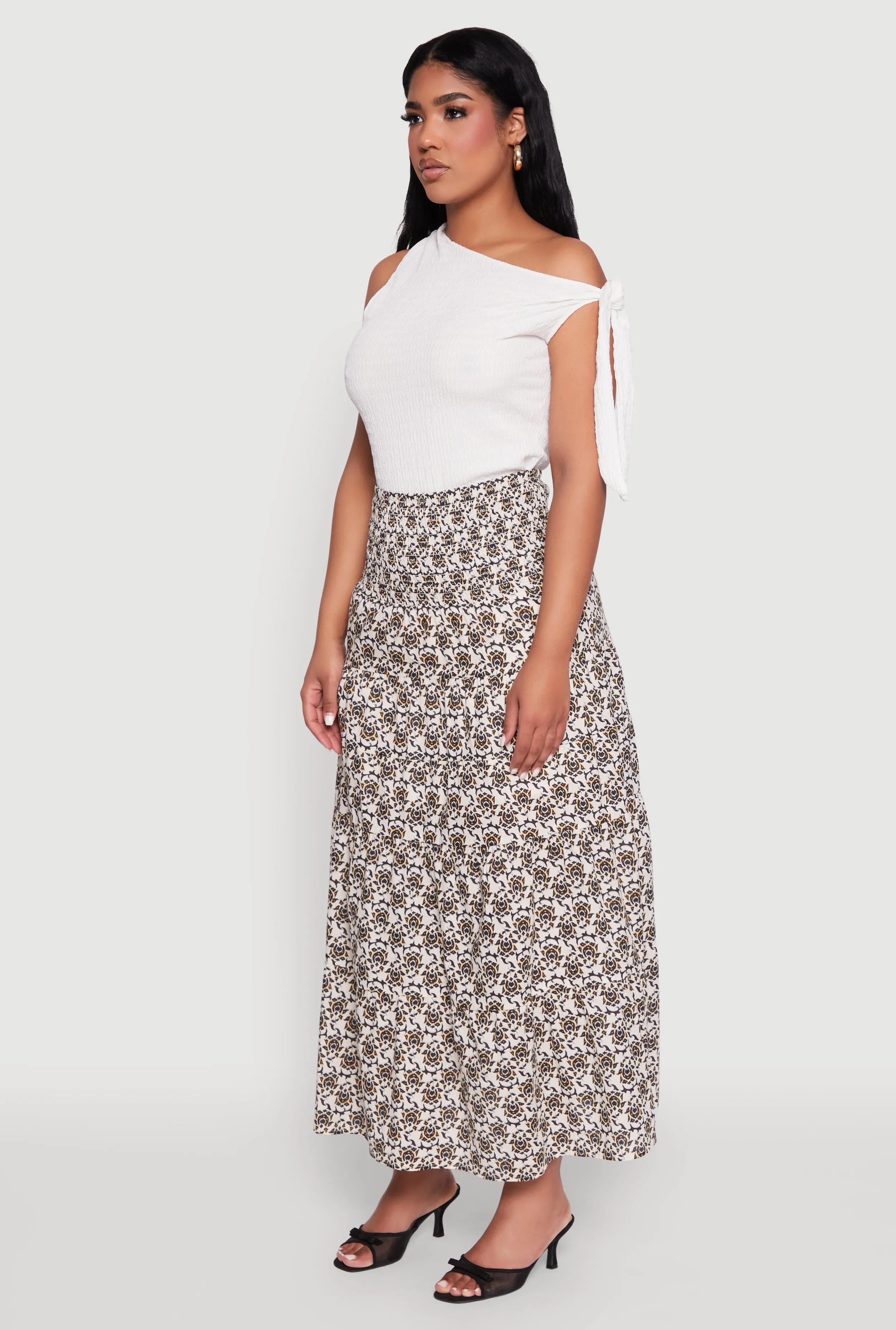 Printed Smocked Waist Tiered Maxi Skirt sold by Rainbow product image thumbnail 3