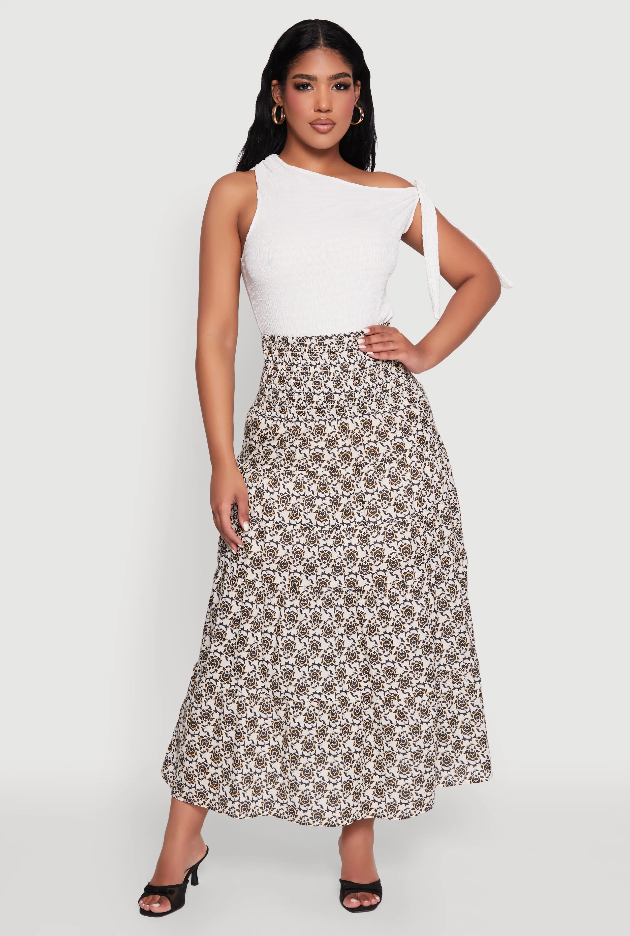 Printed Smocked Waist Tiered Maxi Skirt sold by Rainbow