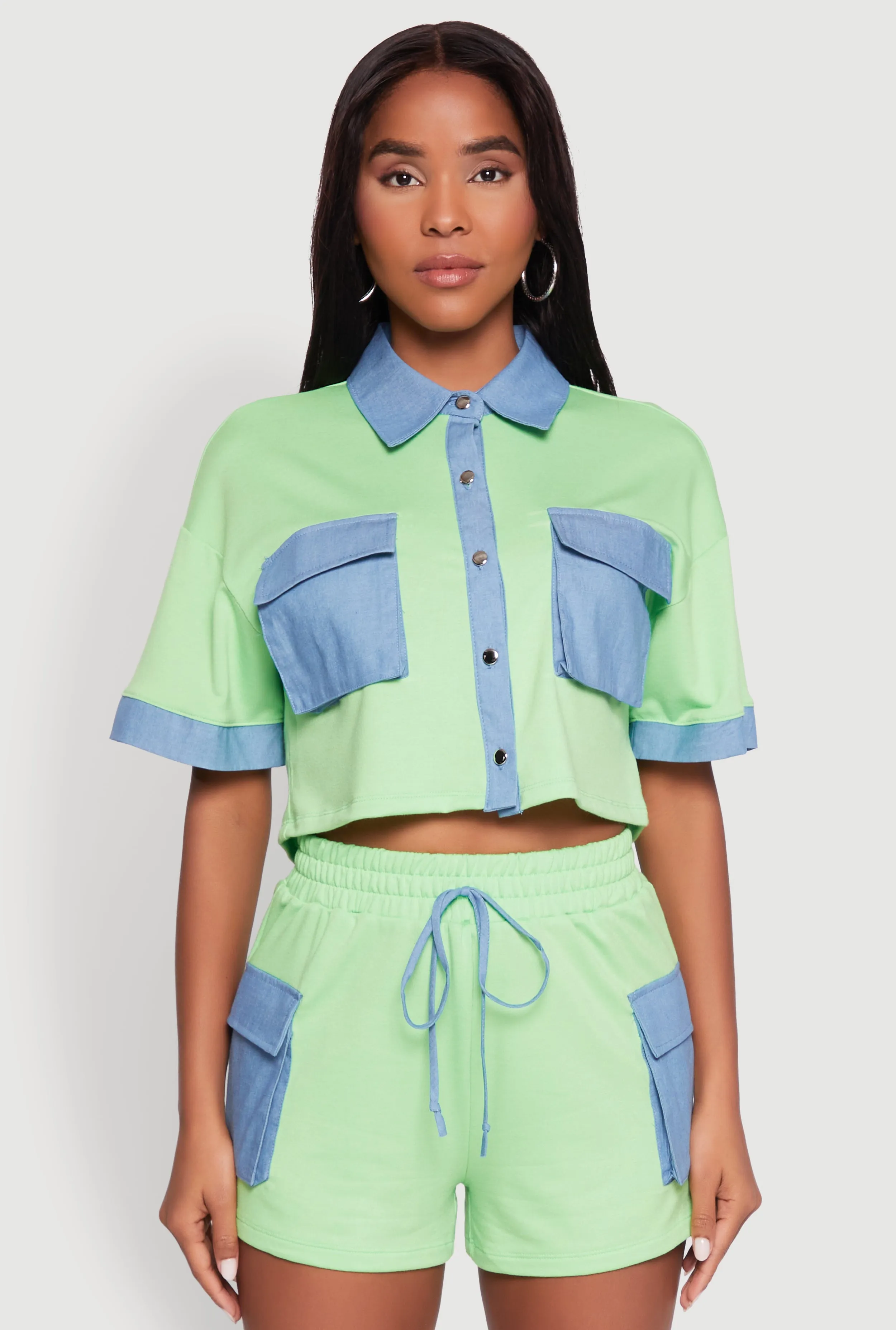 Chambray Detail Short Sleeve Crop Top sold by Rainbow
