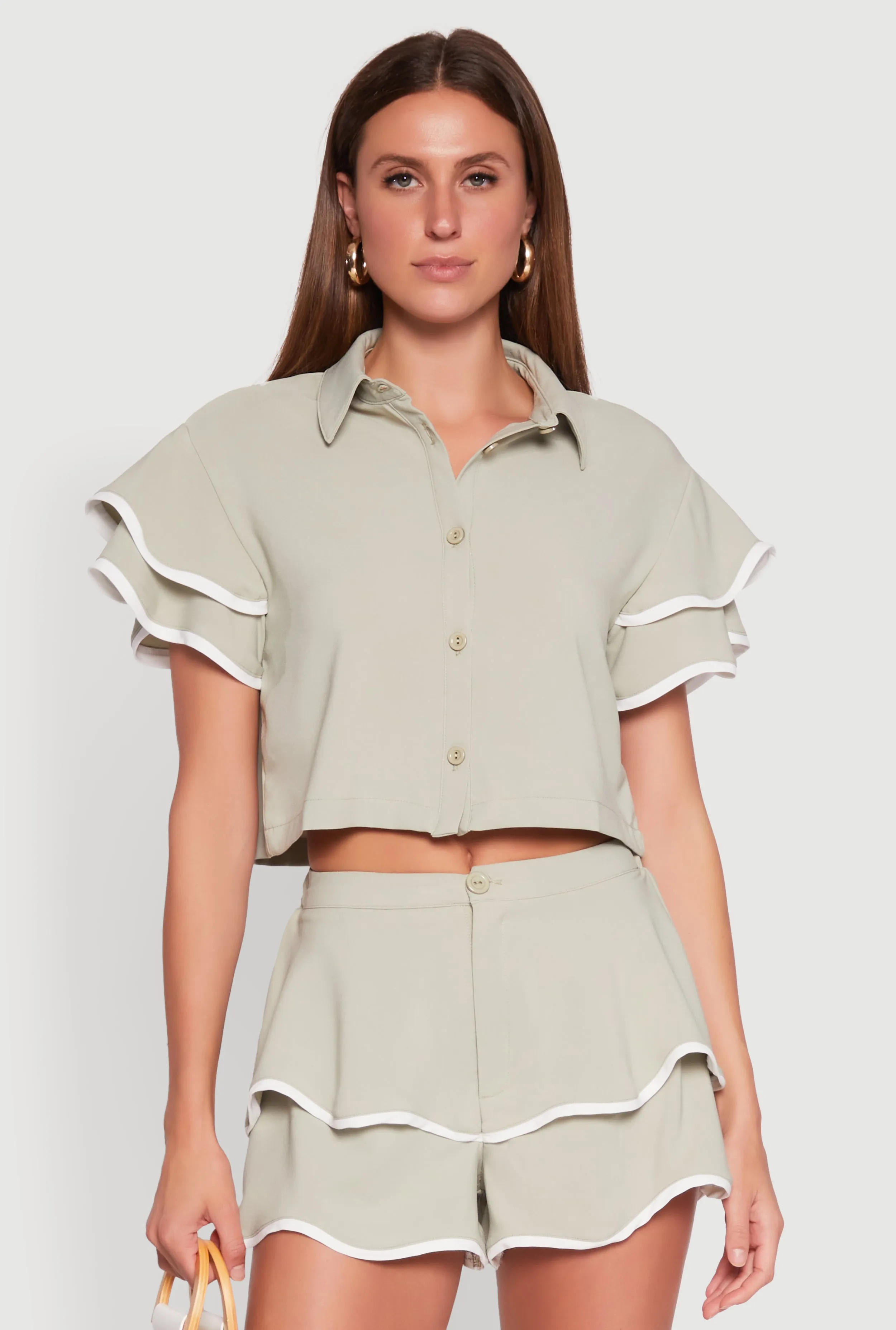 Crepe Knit Contrast Trim Flutter Sleeve Blouse sold by Rainbow