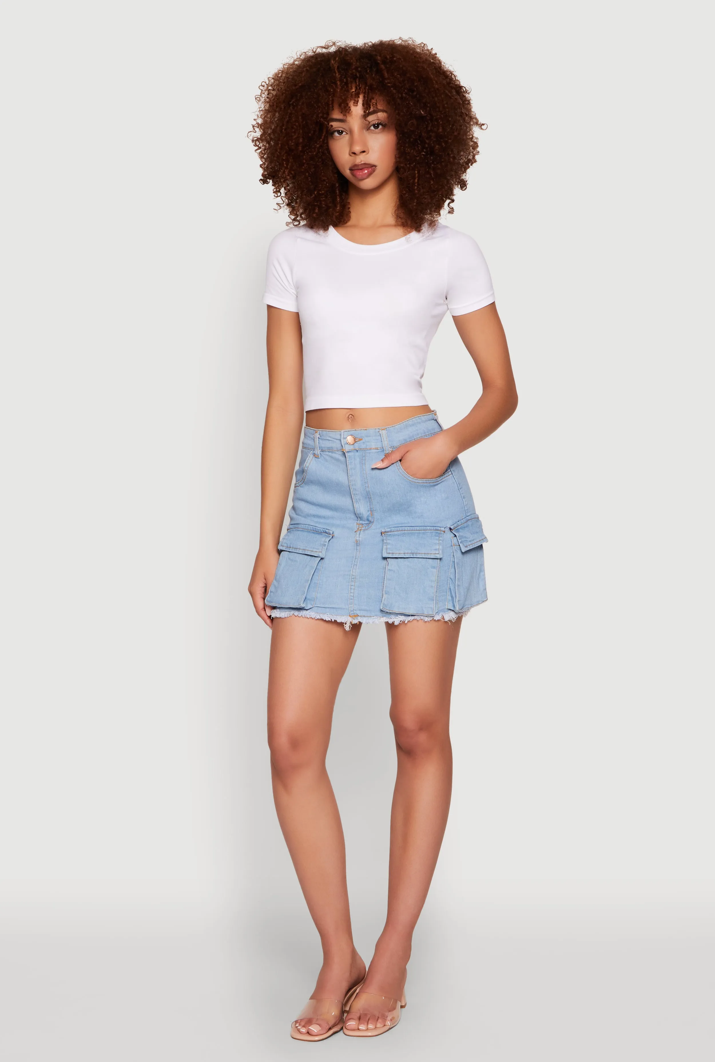 Daisy Frayed Hem Denim Cargo Skirt sold by Rainbow
