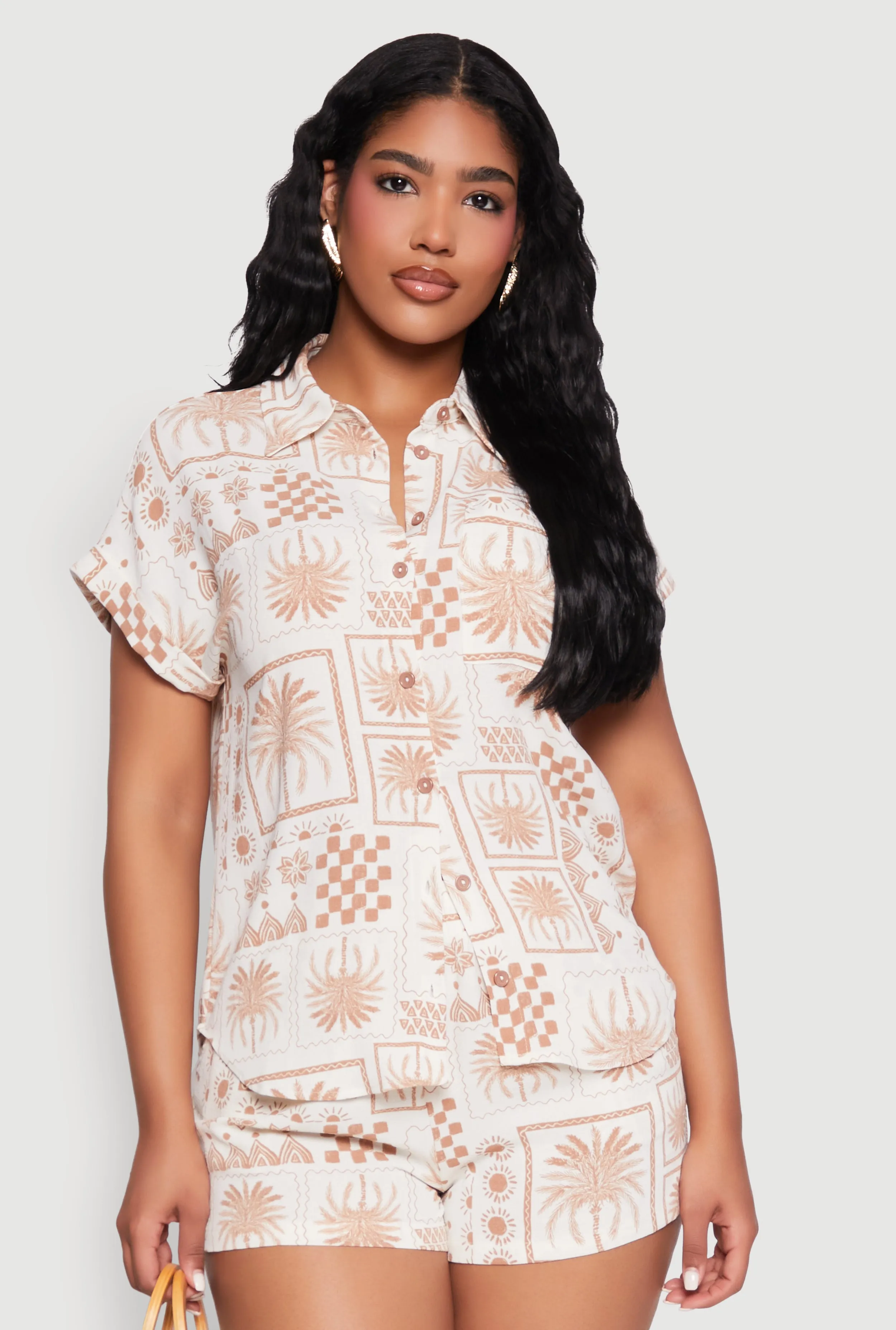 Palm Tree Print Fixed Cuff Shirt sold by Rainbow