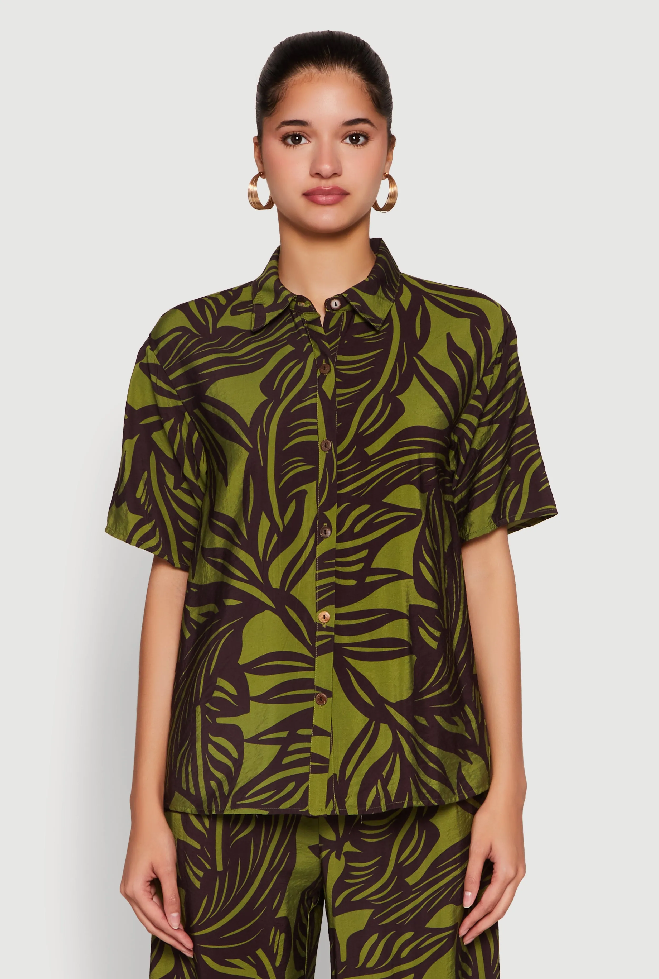 Palm Leaf Print Button Front Shirt sold by Rainbow