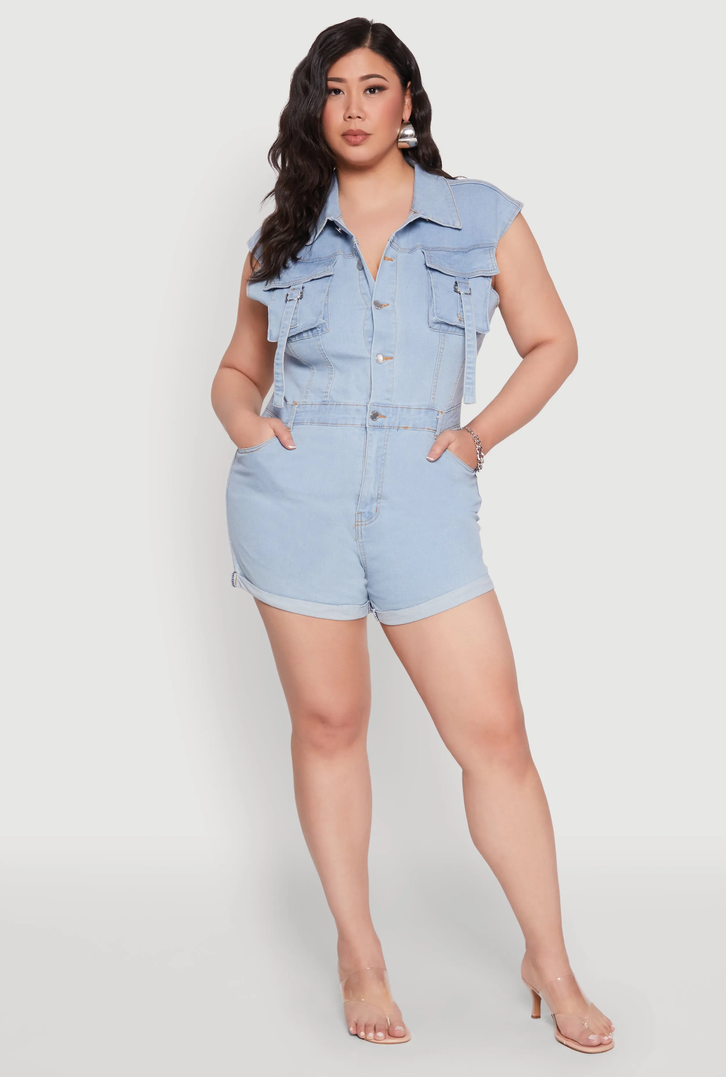 Plus Size Daisy Cargo Pocket Denim Romper sold by Rainbow