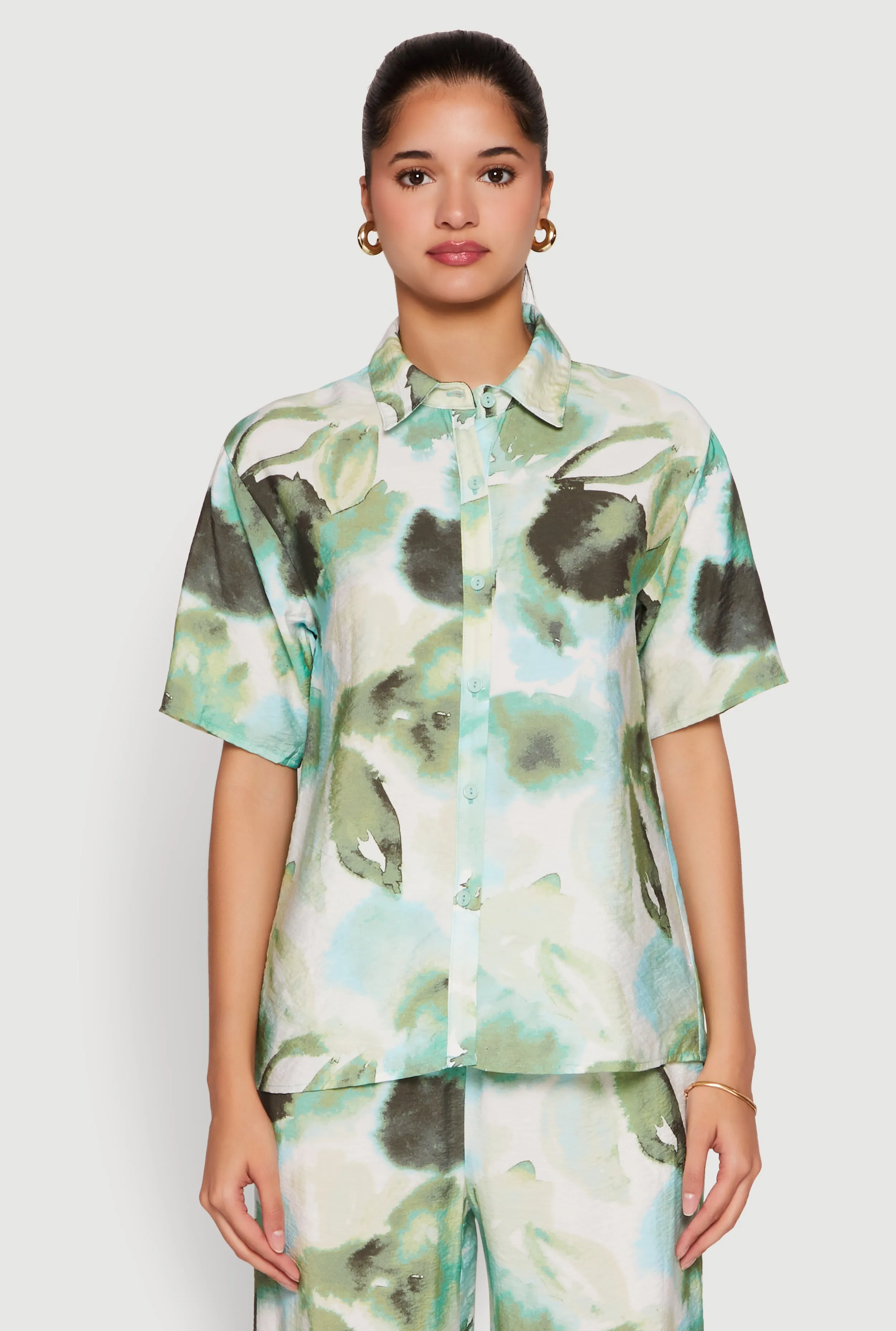 Abstract Leaf Print Button Front Shirt sold by Rainbow