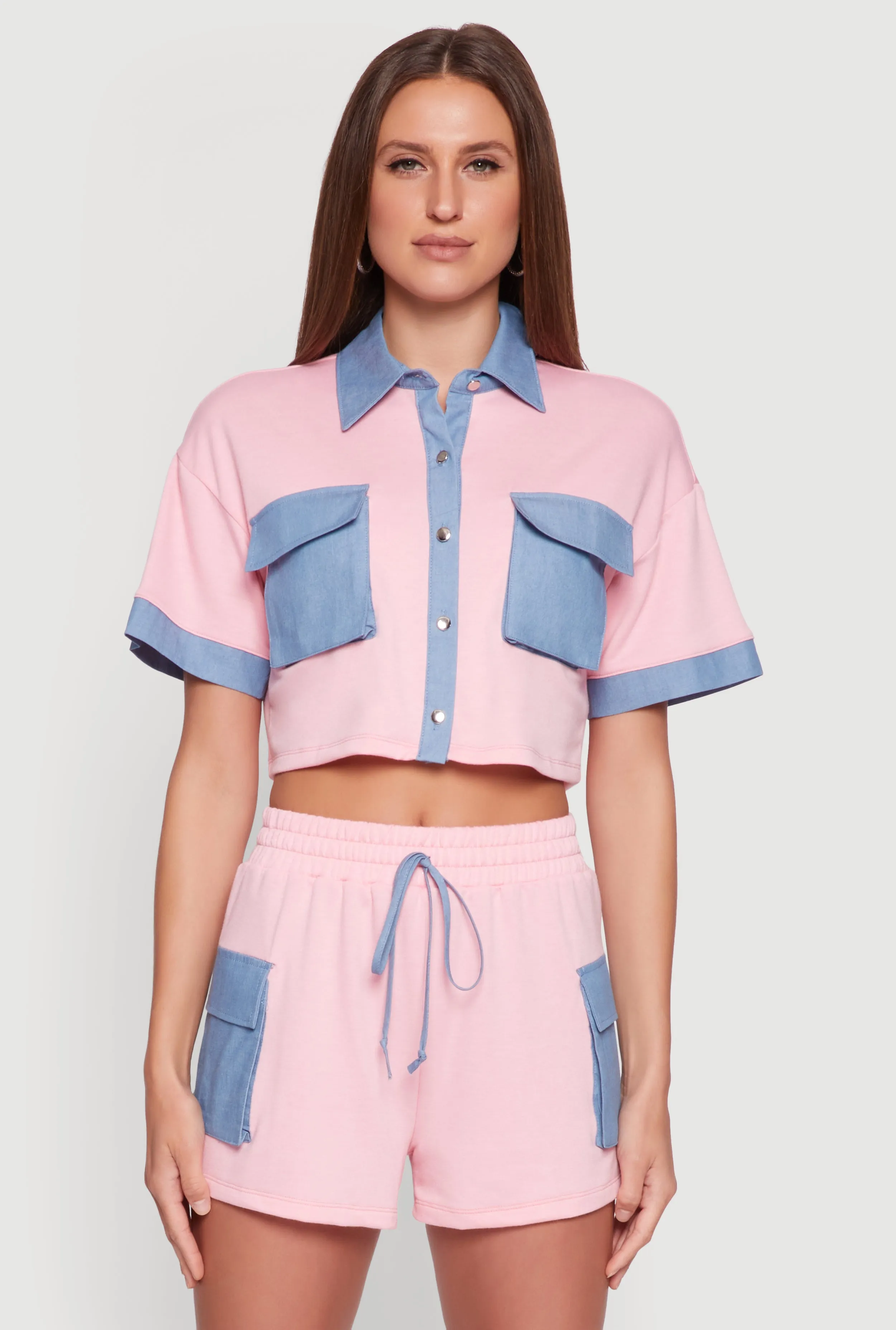Chambray Detail Short Sleeve Crop Top sold by Rainbow