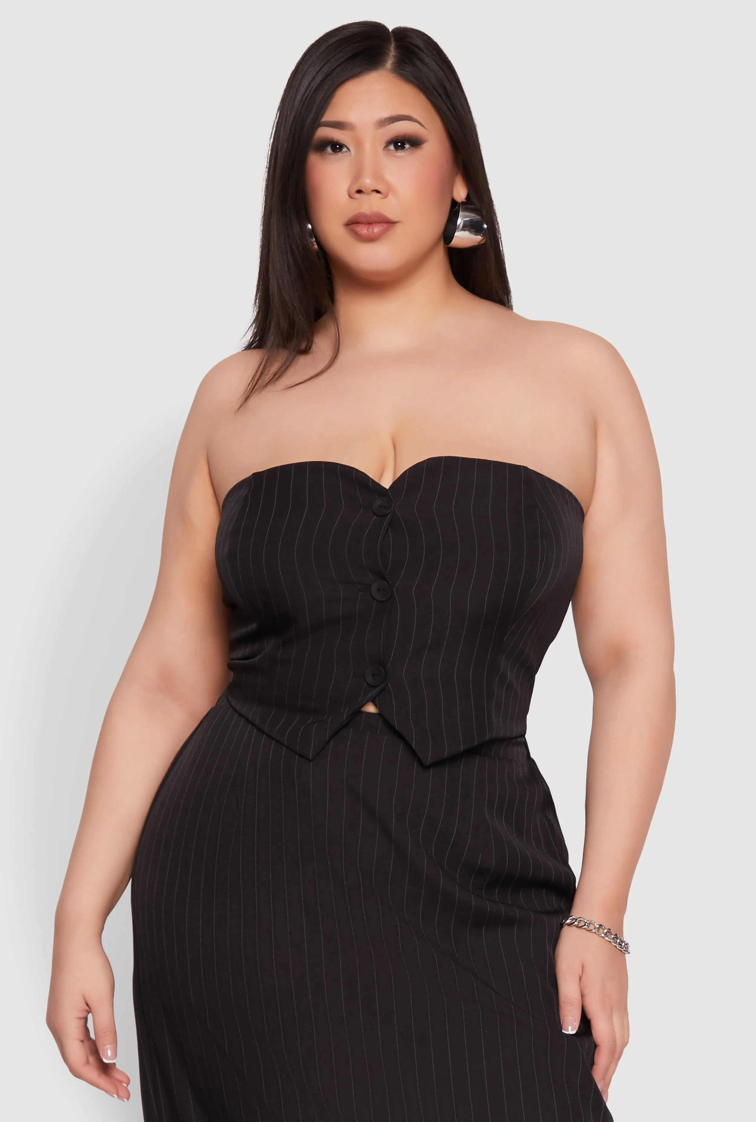 Plus Size Pinstripe Button Front Strapless Top sold by Rainbow