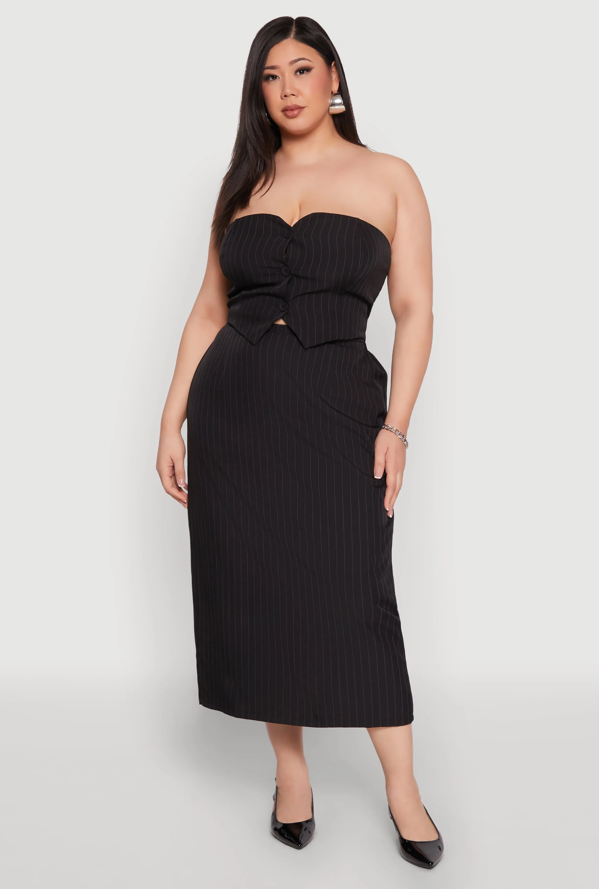 Plus Size Pinstripe Button Front Strapless Top sold by Rainbow product image thumbnail 2