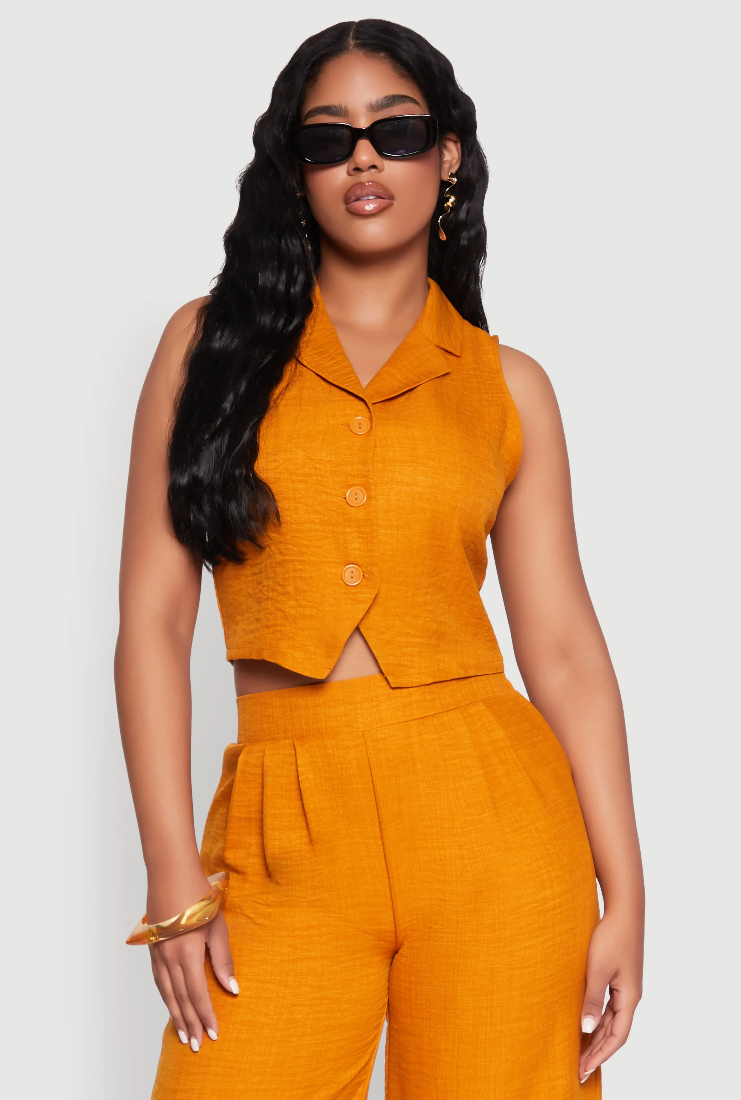 Collared Button Front Cropped Blazer Vest sold by Rainbow